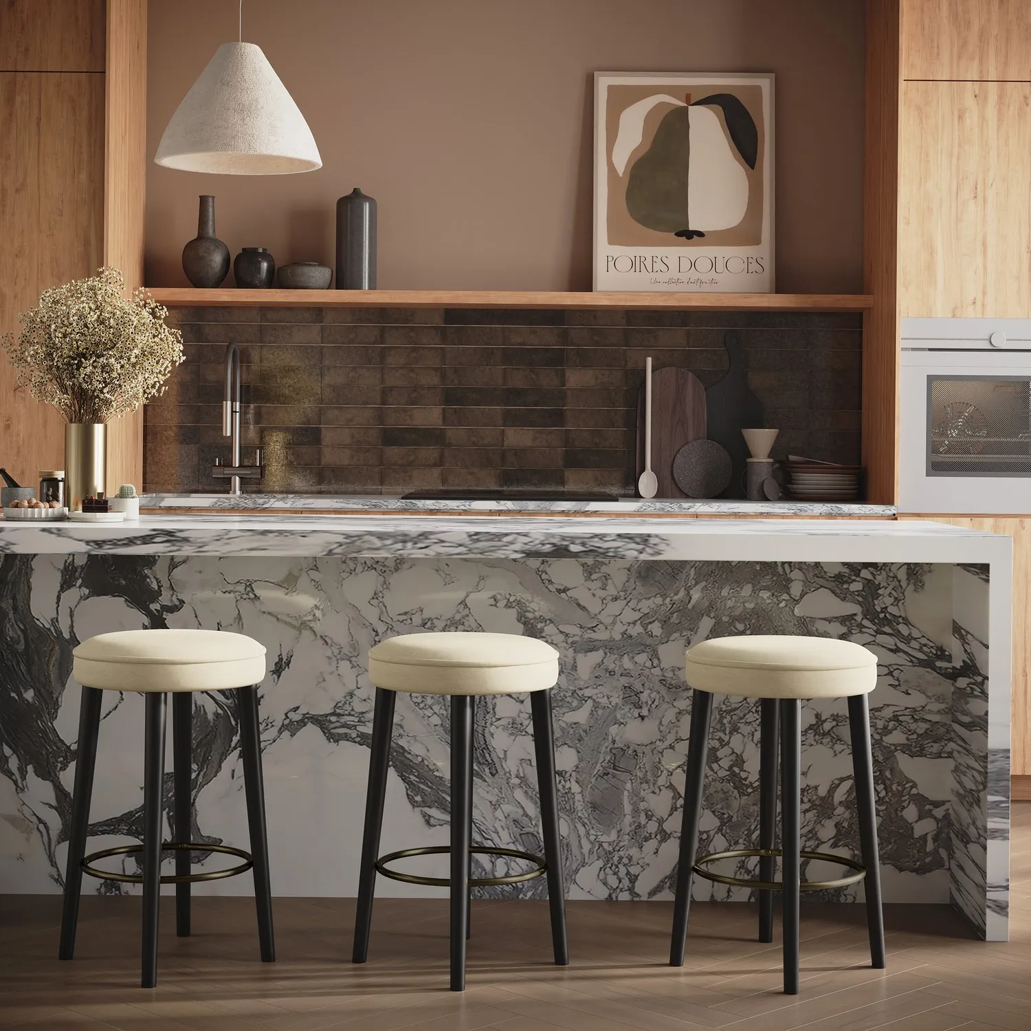 Set of 3 Counter Stools with Brass Footrest - Beige, Chenille product