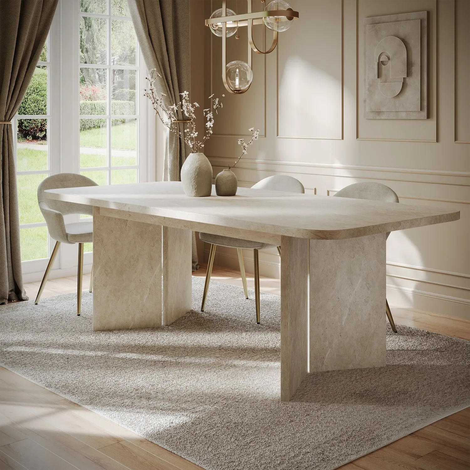 Marble Effect Extendable Dining Table Seats 6-8 - Beige, Melamine product