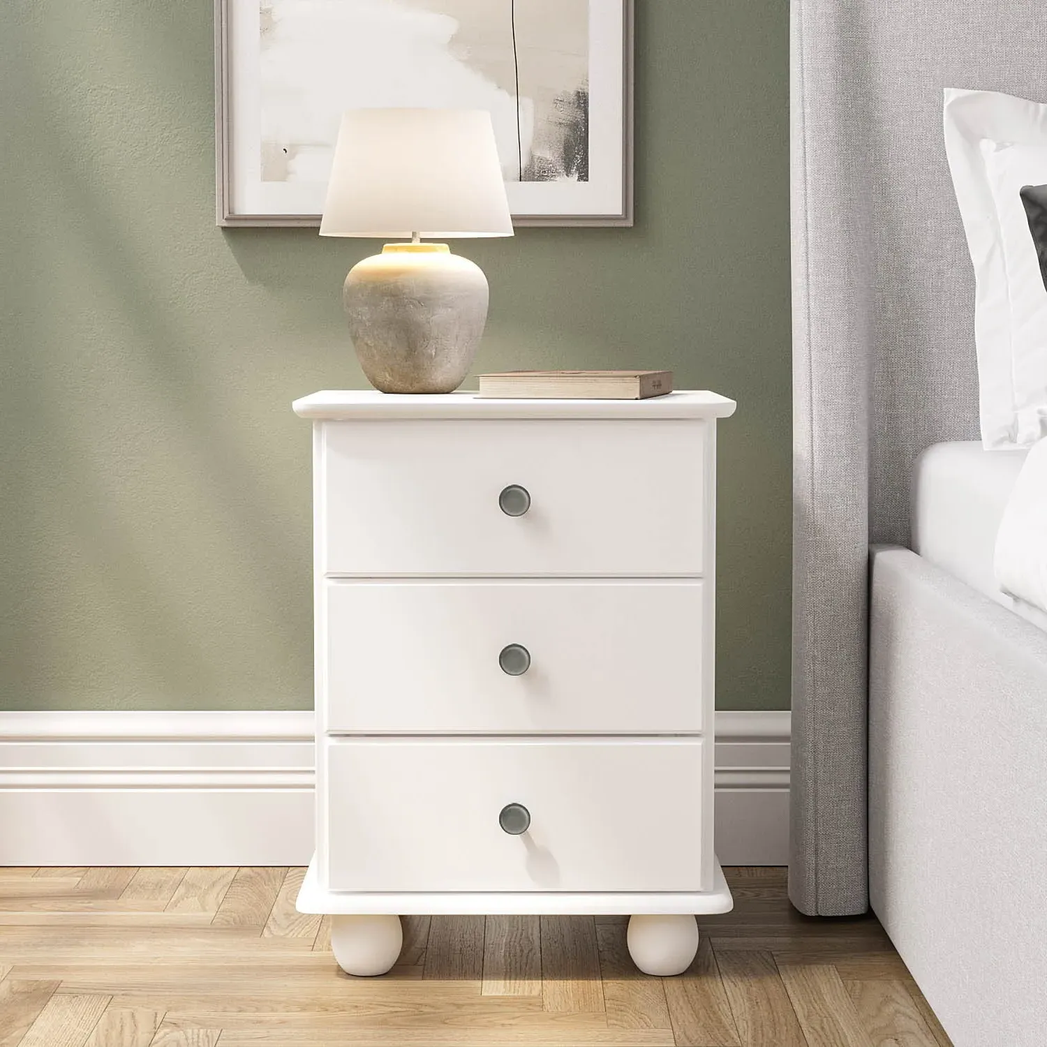 3-Drawer Bedside Table - White, Solid Pine product