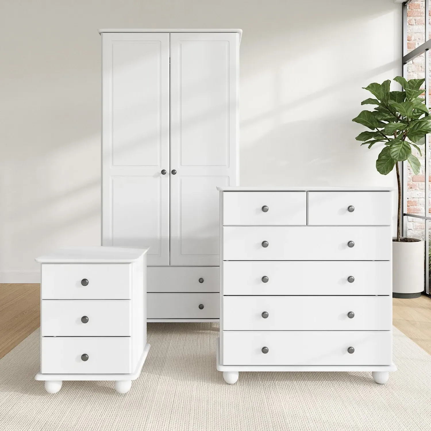 3 Piece Bedroom Furniture Set - White, Solid Pine product