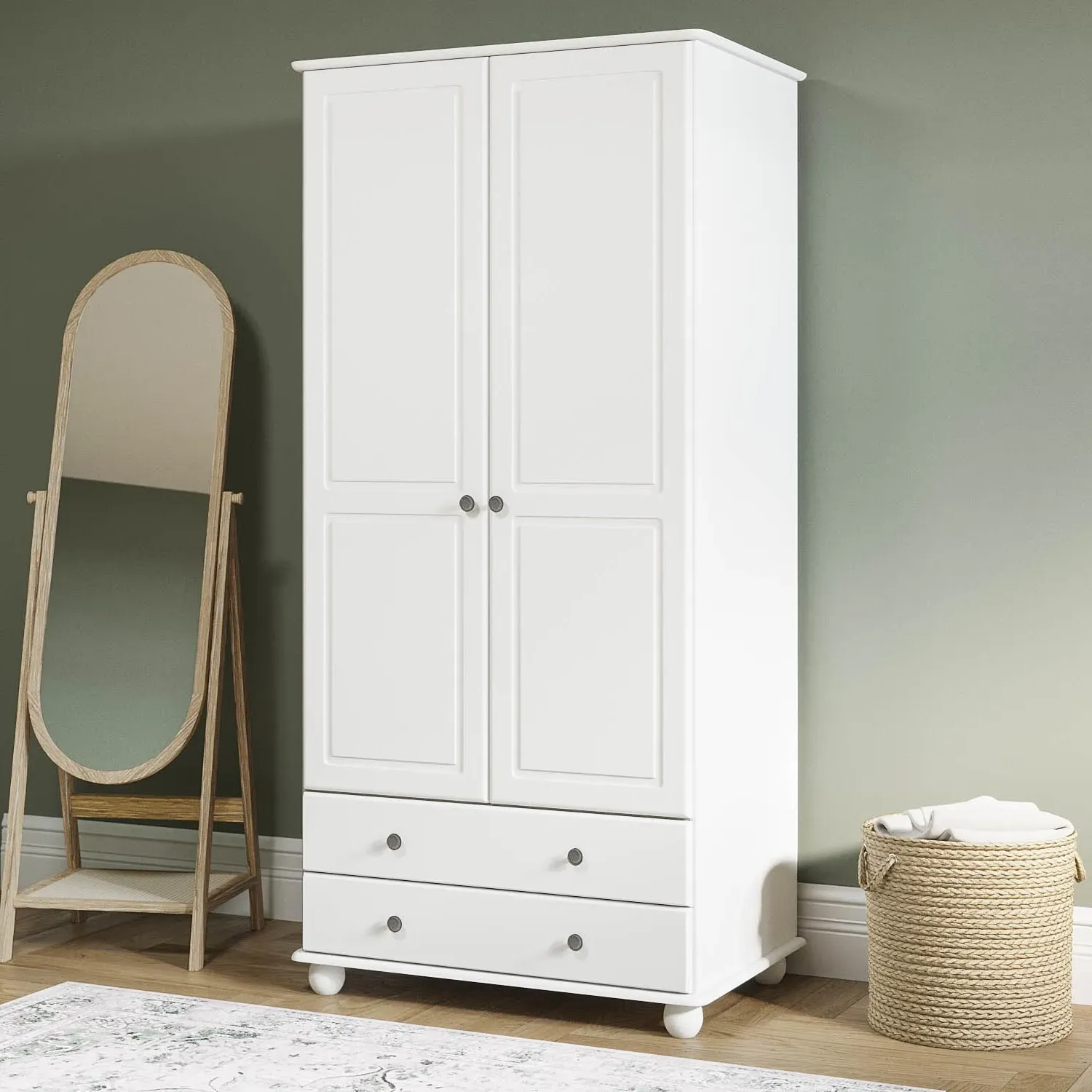 Hampton 2-Door Double Wardrobe with Drawers - White, Solid Pine