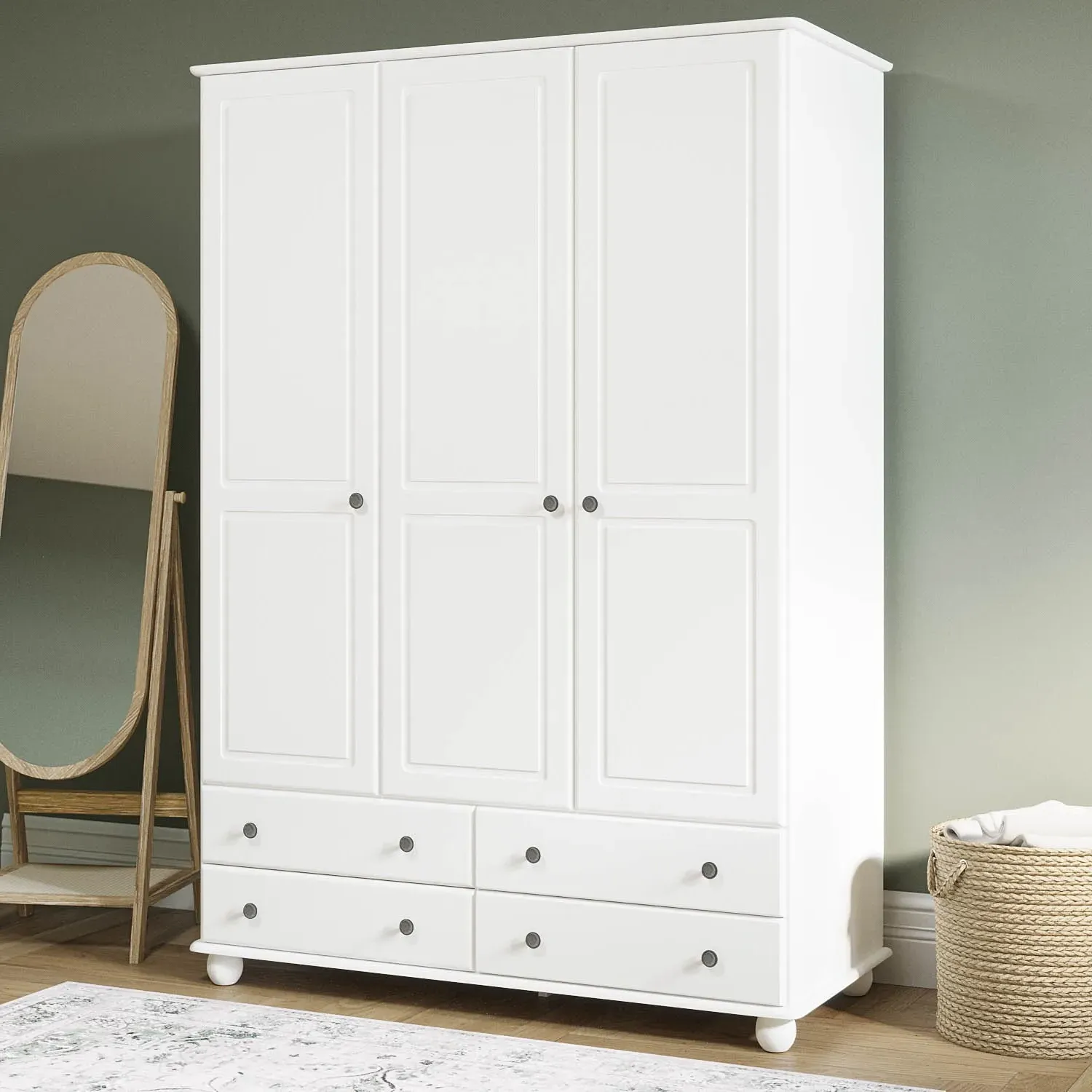 Hampton 3-Door Triple Wardrobe with Drawers - White, Solid Pine