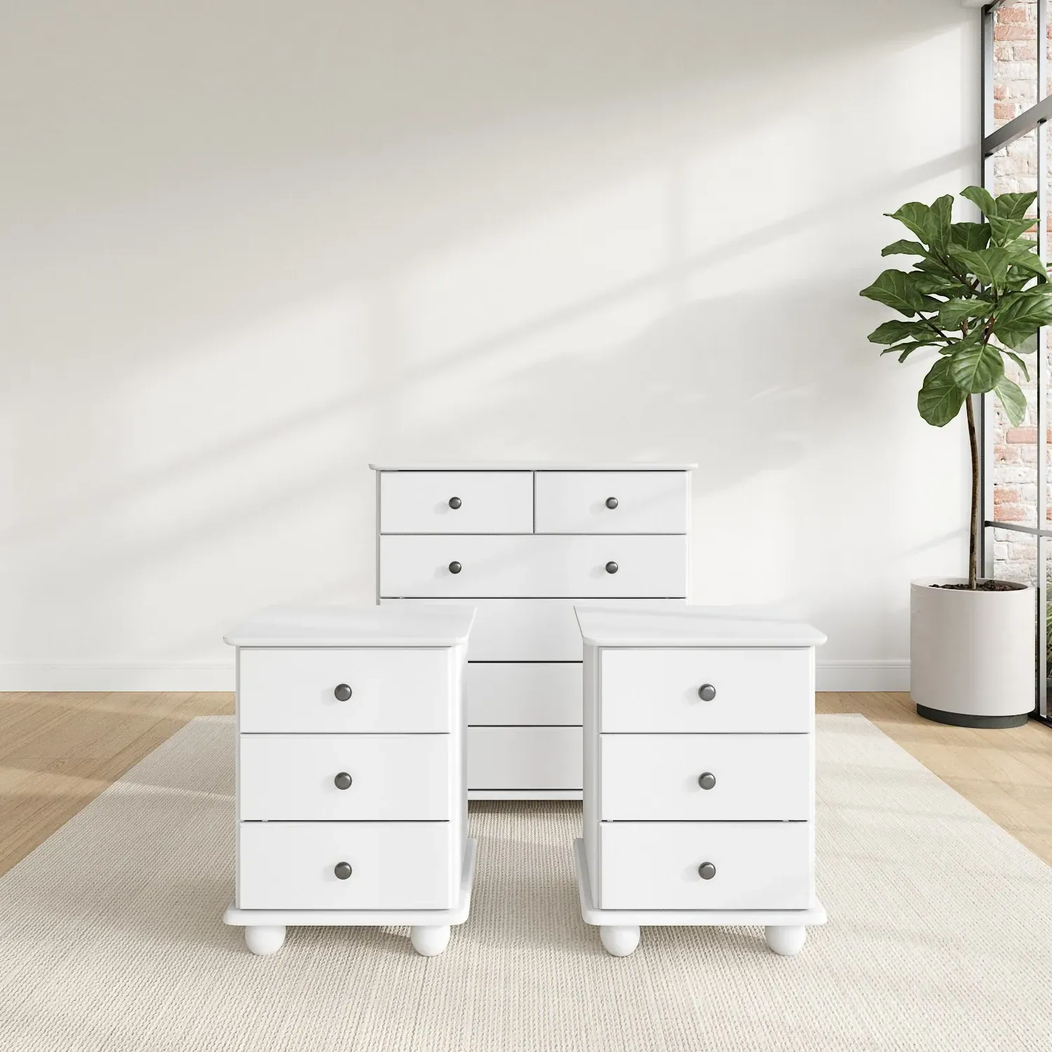 Hampton Bedside Table and Chest of Drawers Set - White, Solid Pine product