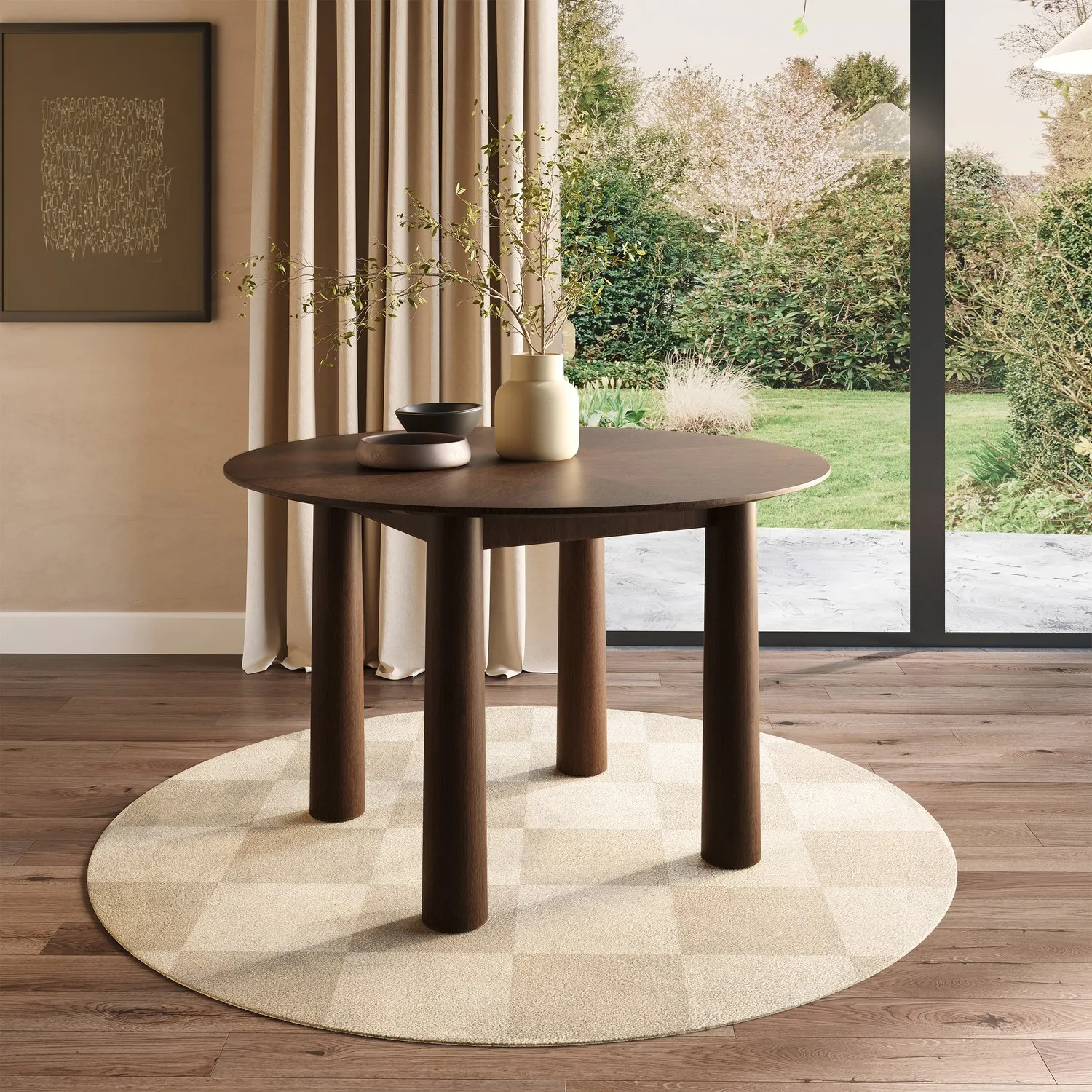 Round Dining Table with Flared Legs - Brown, Solid Rubberwood product