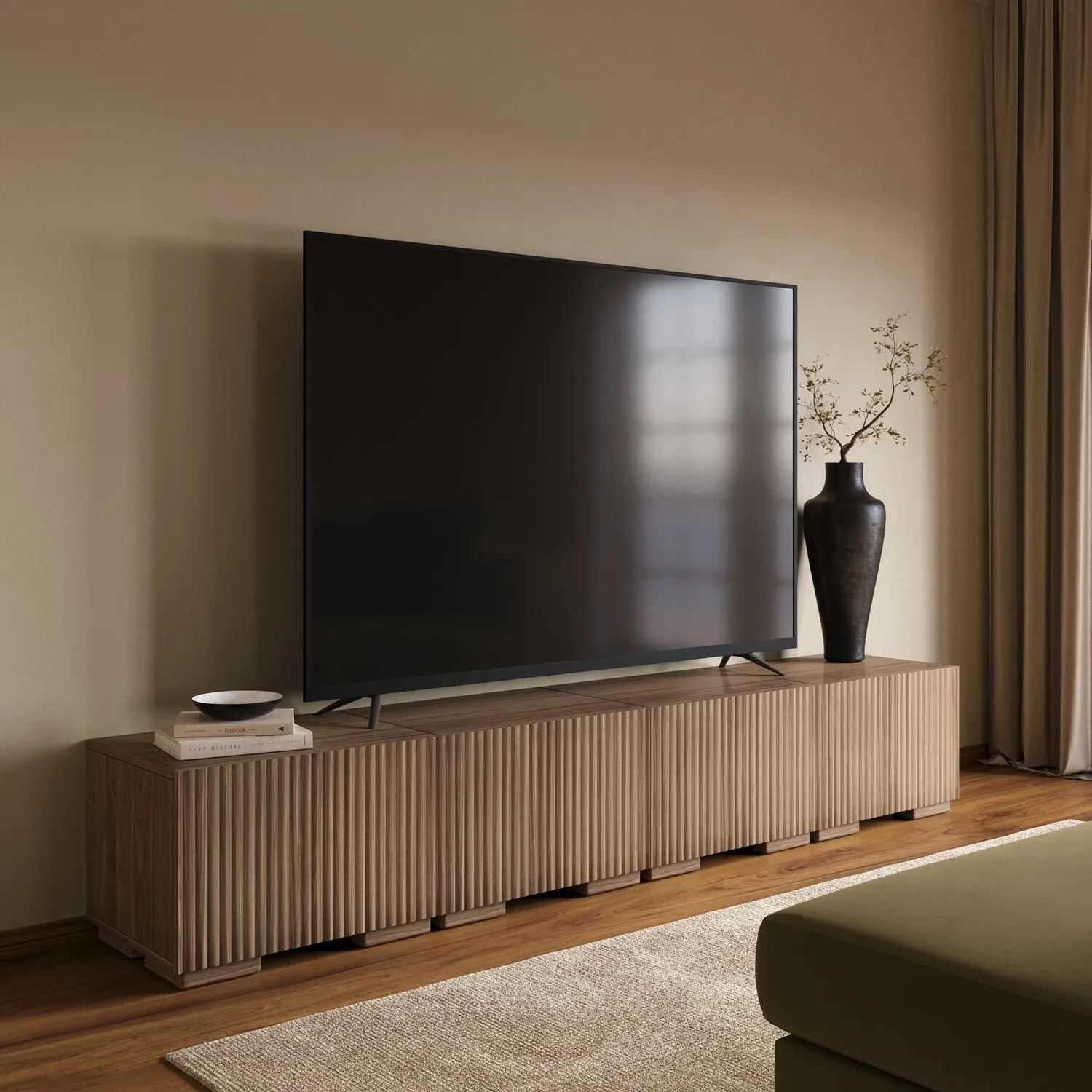 Large Ribbed Freestanding TV Stand with Storage - Walnut alternate view
