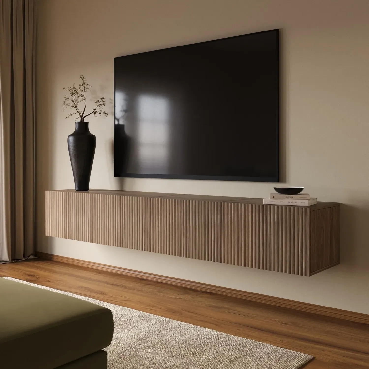 Large Ribbed Freestanding TV Stand with Storage - Walnut product