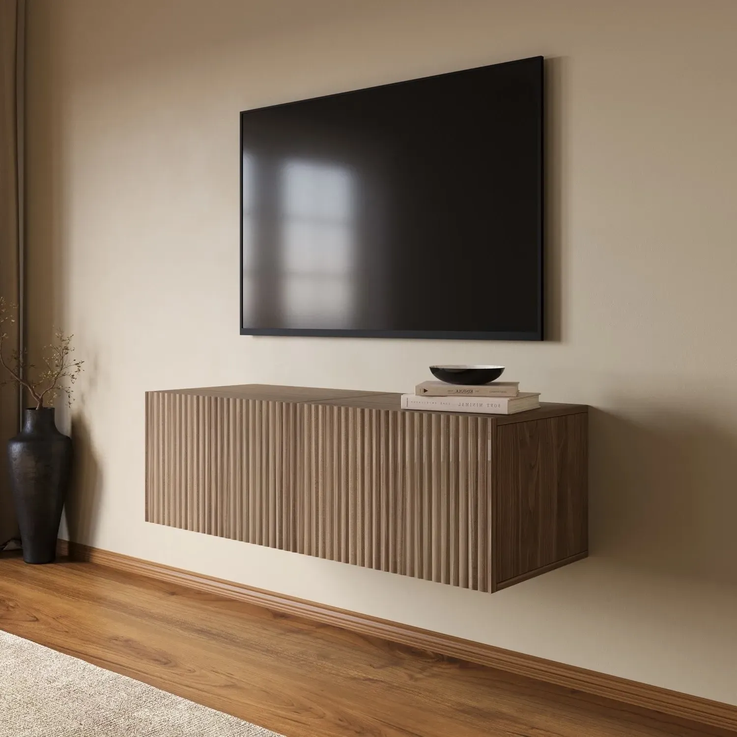 Ribbed Floating TV Stand Wall-Mounted or Freestanding - Walnut, MDF product