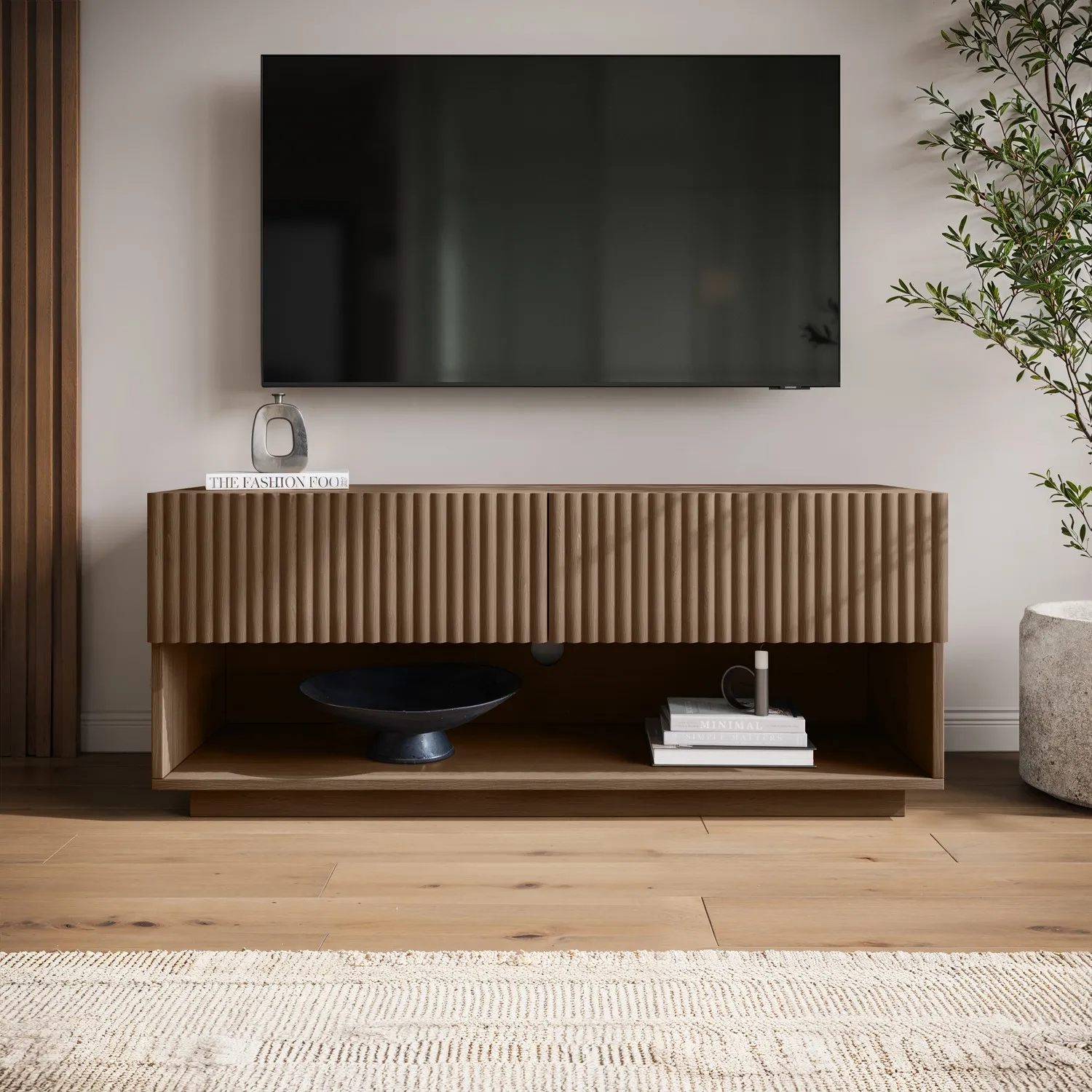 Small Ribbed TV Stand with Storage - Walnut, MDF alternate view