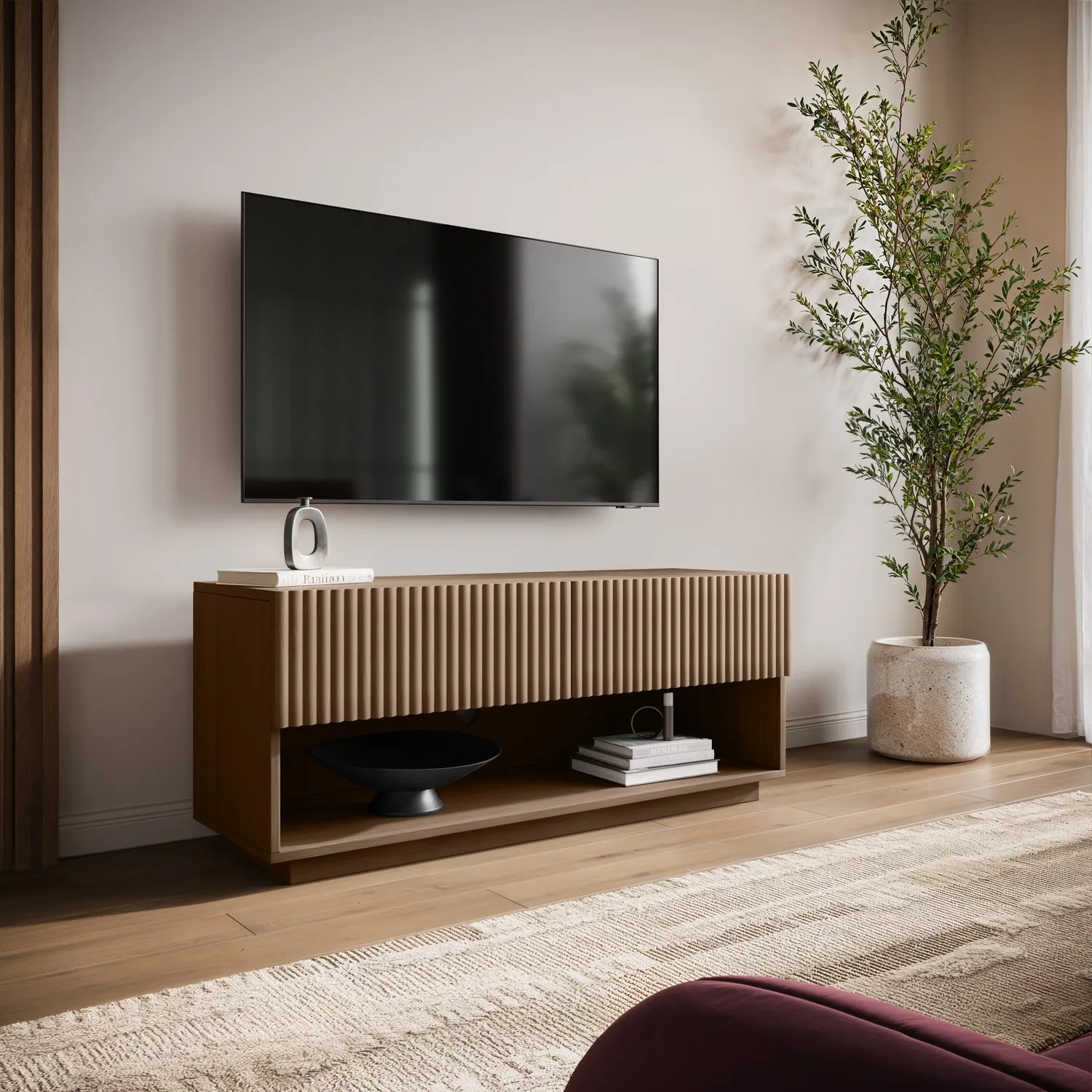 Small Ribbed TV Stand with Storage - Walnut, MDF product
