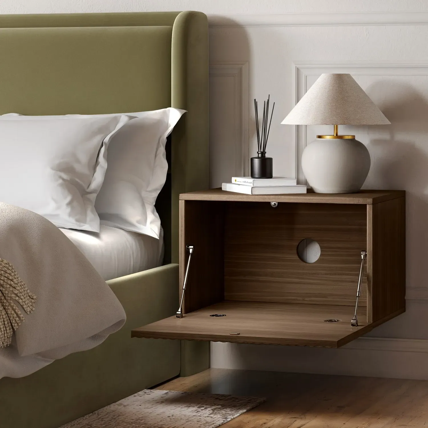 Wide Floating Bedside Table with Storage - Walnut, MDF alternate view