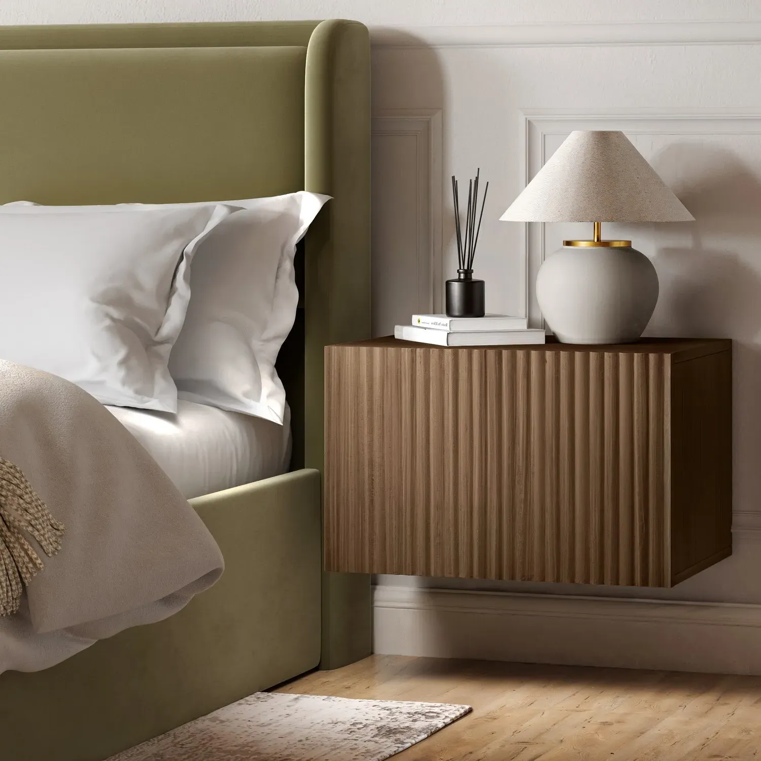 Wide Floating Bedside Table with Storage - Walnut, MDF product