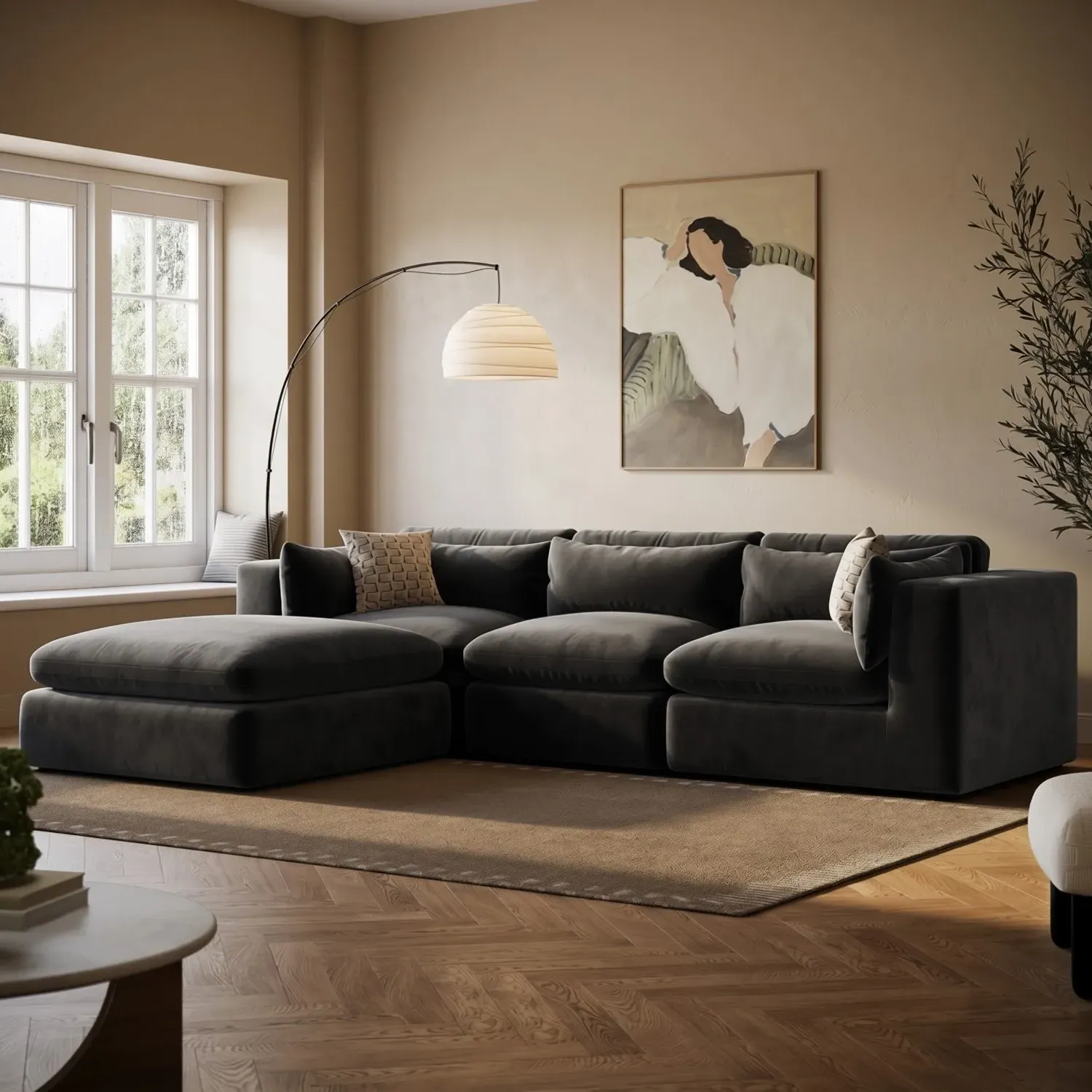 Hudson 4-Seater Chaise Corner Sofa - Charcoal Grey, Velvet alternate view