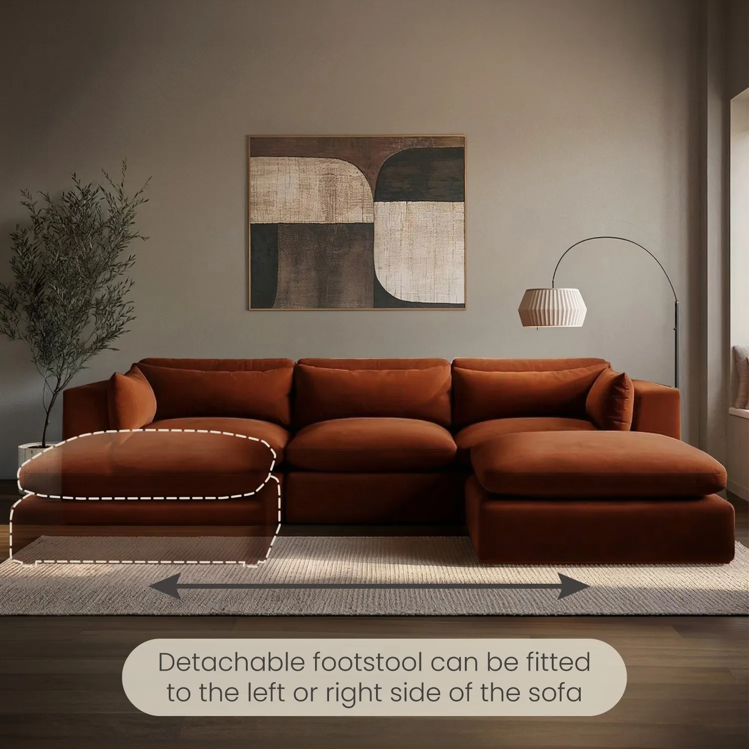 Hudson 4-Seater Reversible Chaise Corner Sofa - Burnt Orange, Velvet product