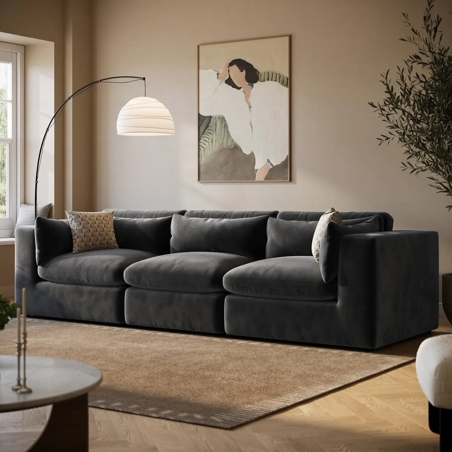 Hudson 4-Seater Sofa - Charcoal Grey, Velvet alternate view