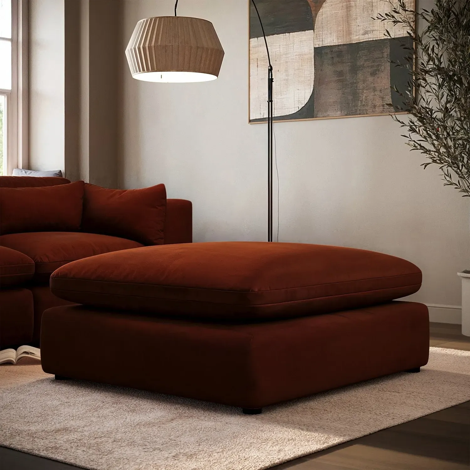 Hudson Large Footstool - Burnt Orange, Velvet alternate view