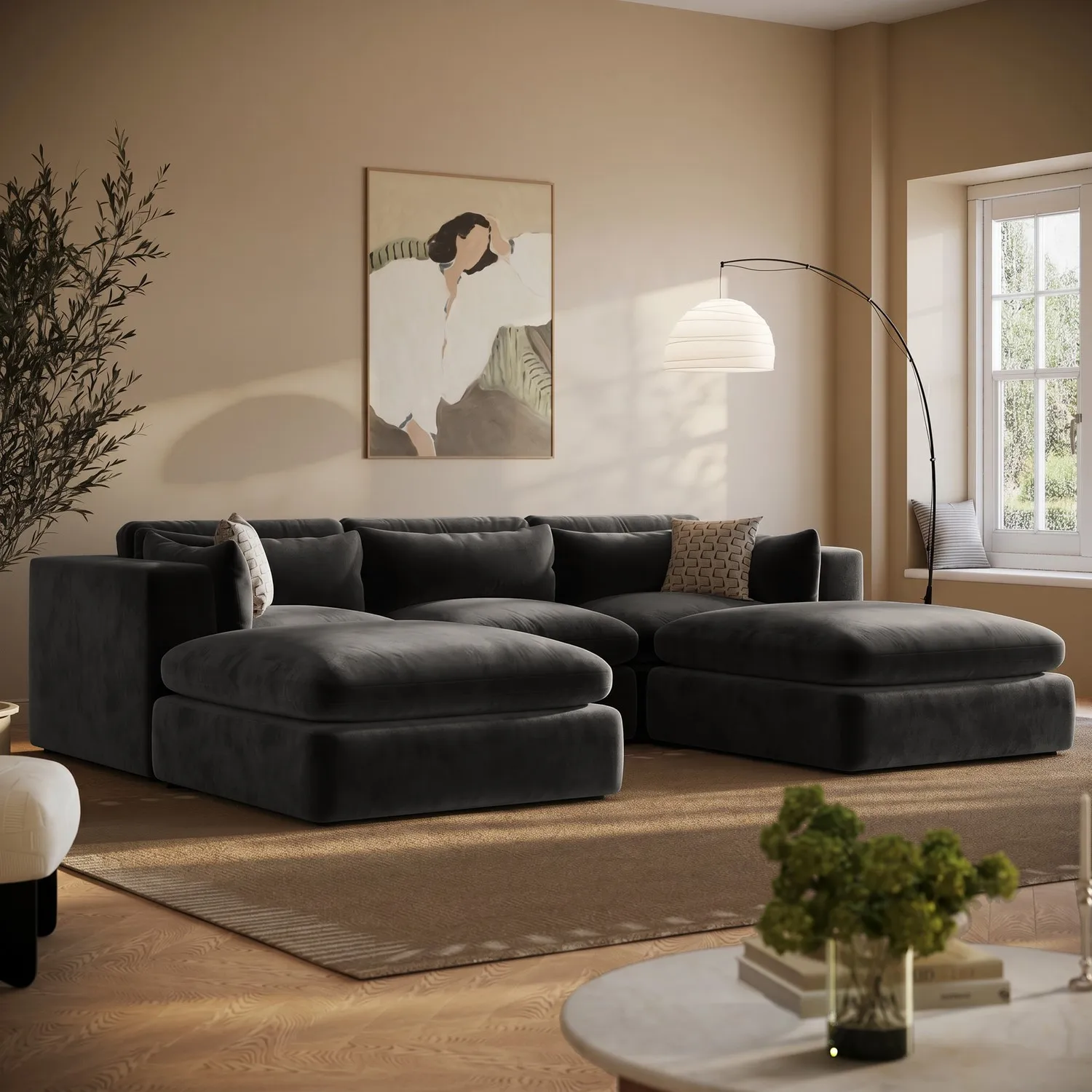 Hudson U-Shape 4-Seater Corner Sofa - Charcoal Grey, Velvet alternate view