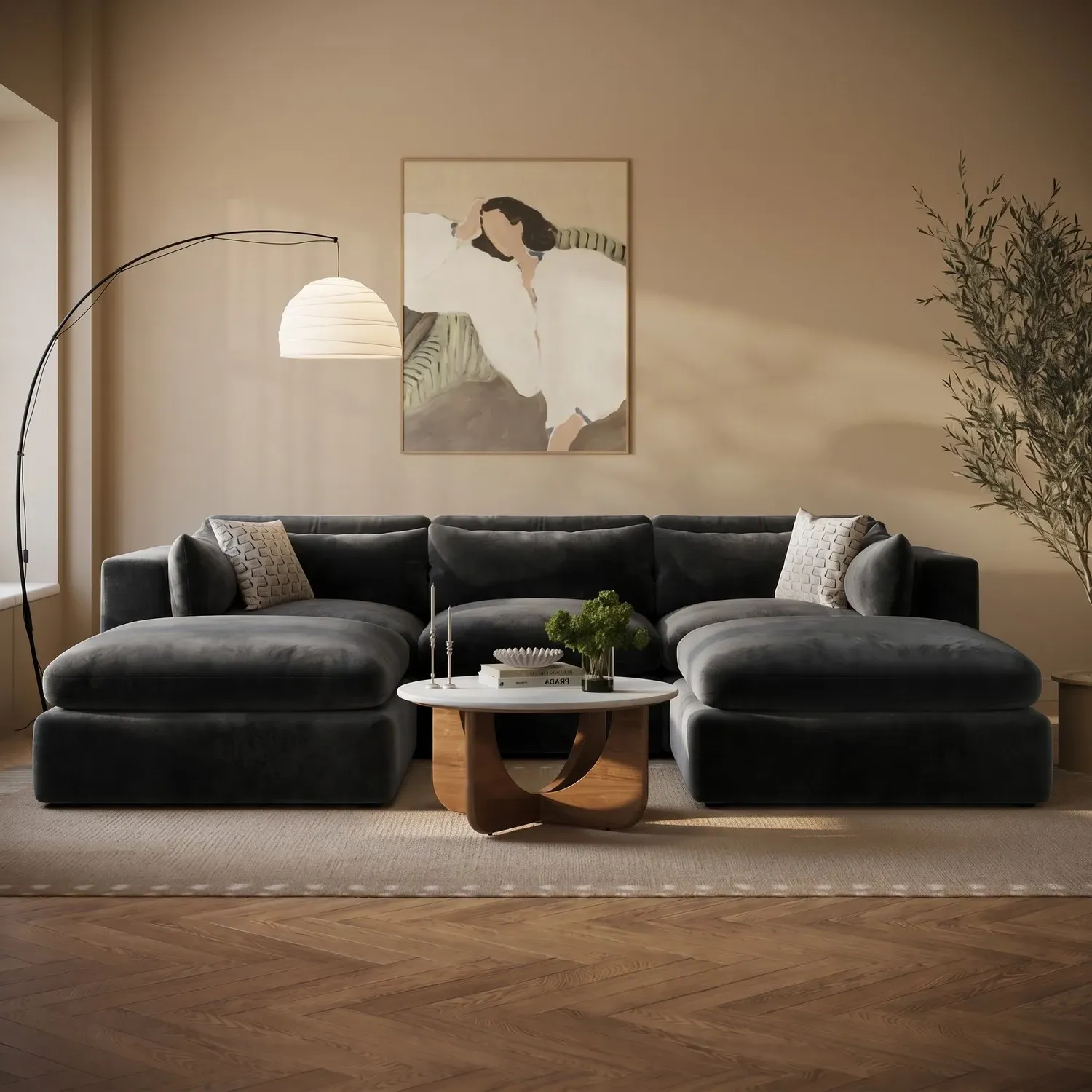 Hudson U-Shape 4-Seater Corner Sofa - Charcoal Grey, Velvet product