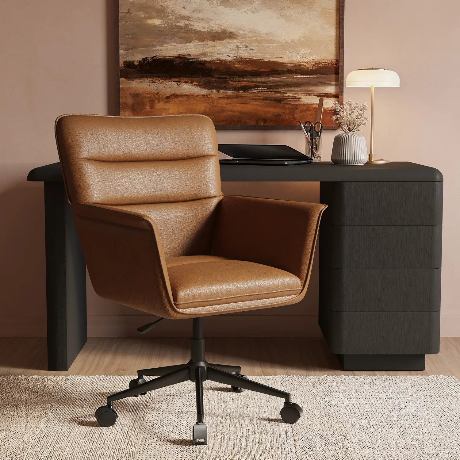 Hugh Adjustable Office Desk Chair - Tan, Faux Leather product