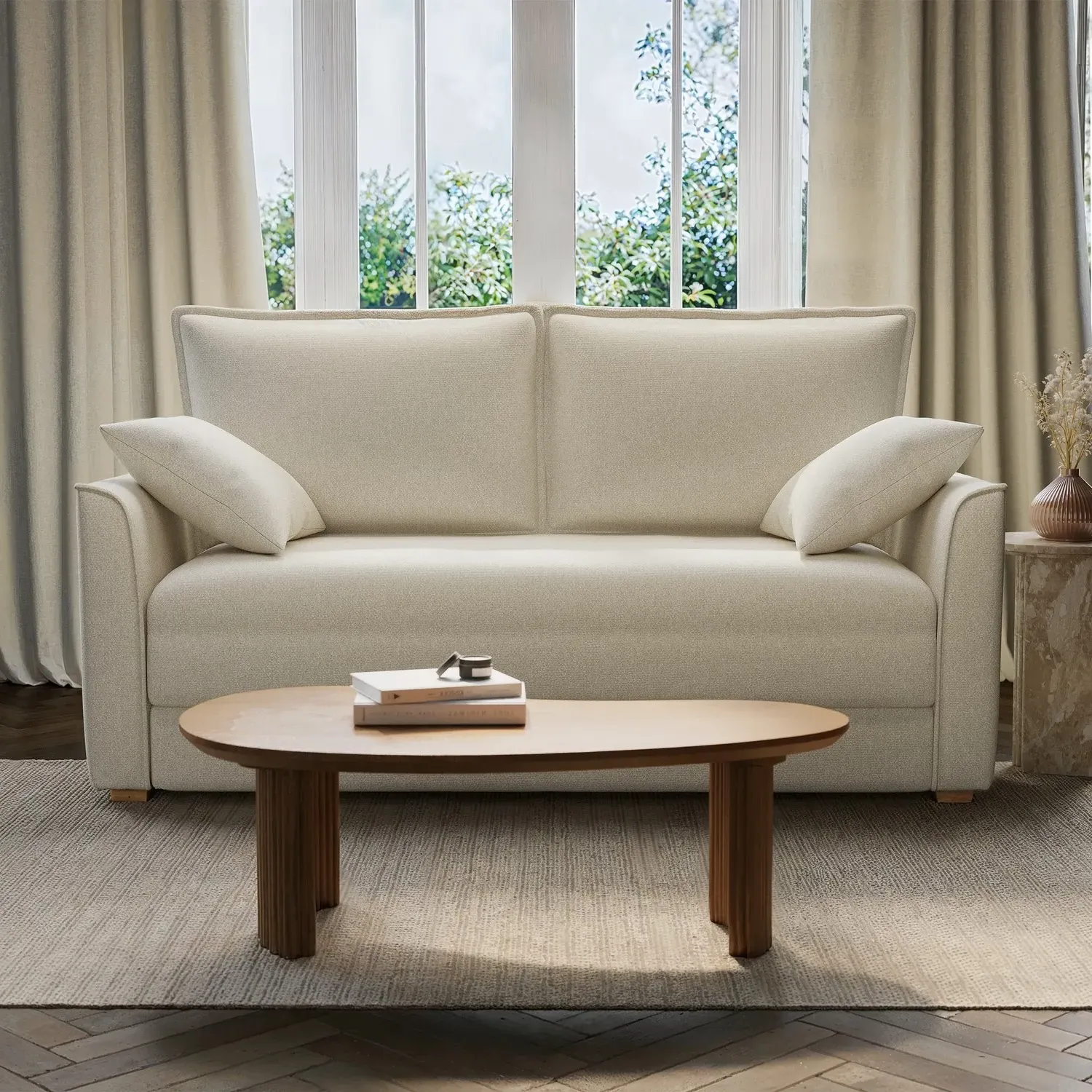 Hunter 2-Seater Pull-Out Sofa Bed with Storage - Beige, Woven Fabric alternate view