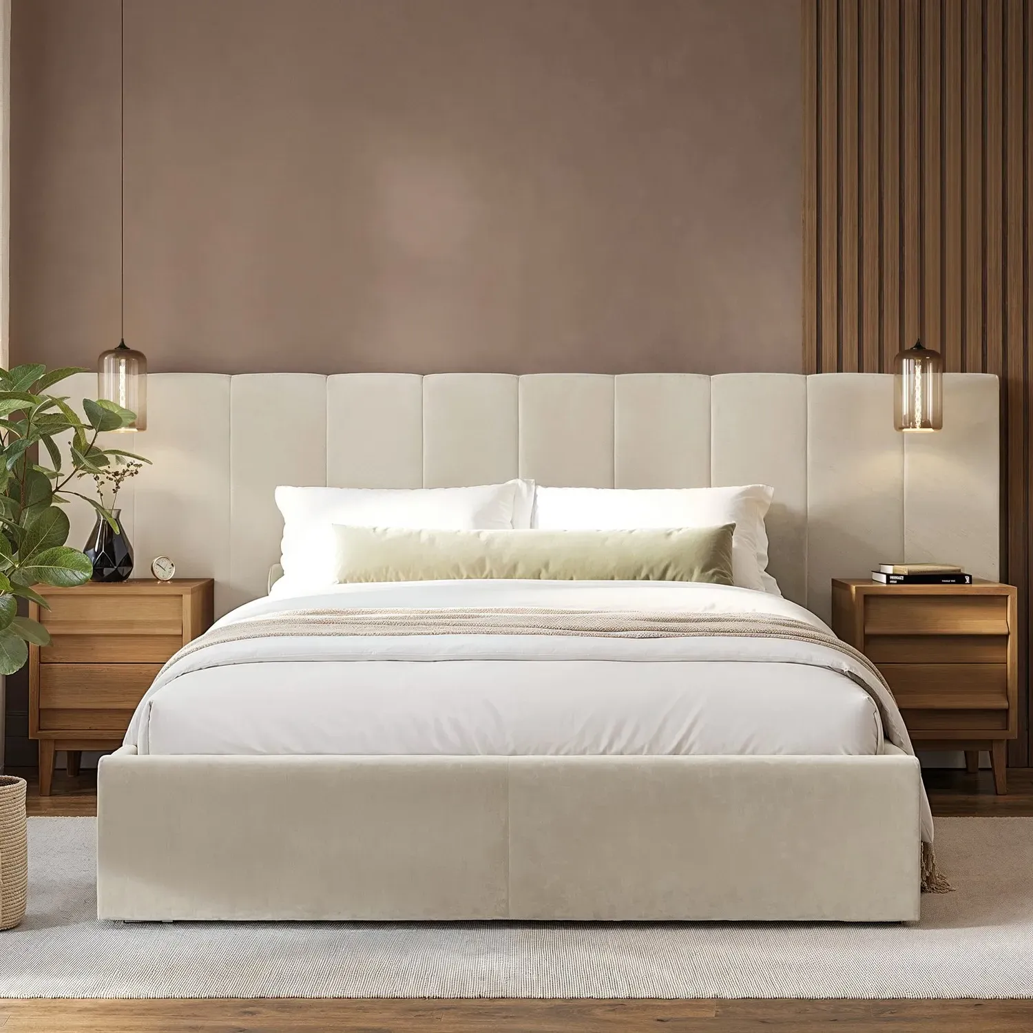 King Size Ottoman Bed with Wide Headboard - Beige, Velvet alternate view
