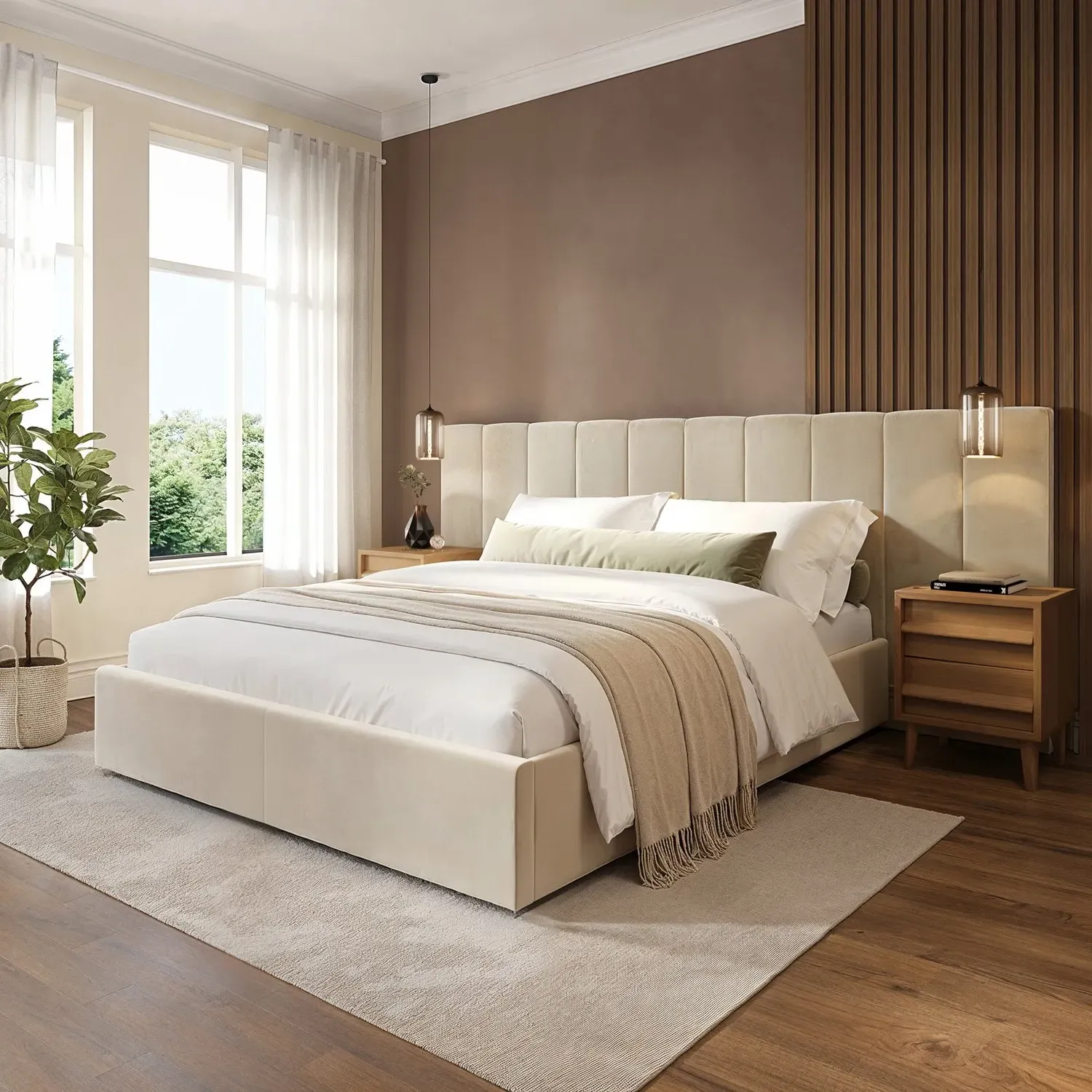 King Size Ottoman Bed with Wide Headboard - Beige, Velvet product