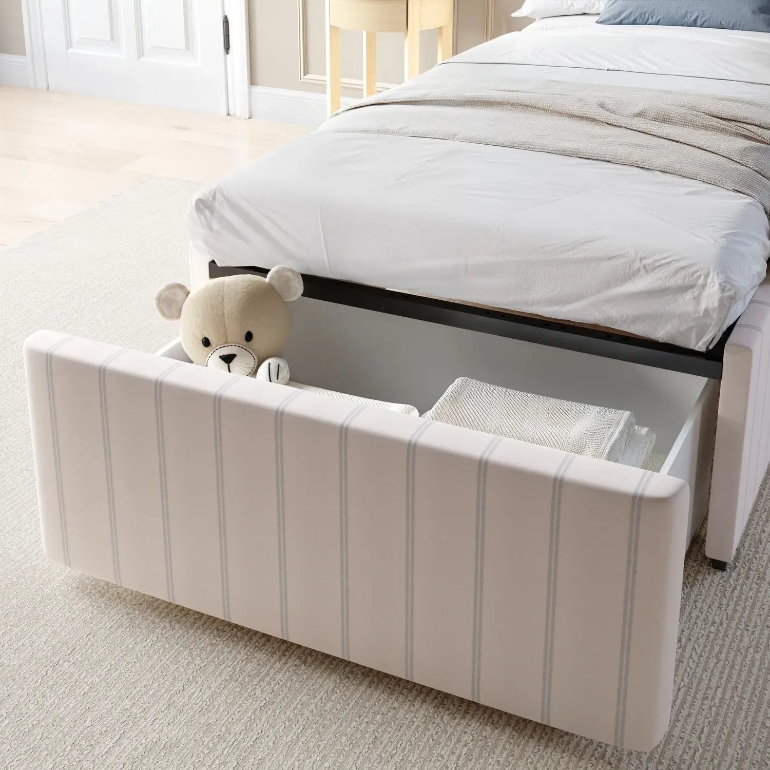 Striped Single Bed Frame with Storage Drawer - Cream, Chenille alternate view