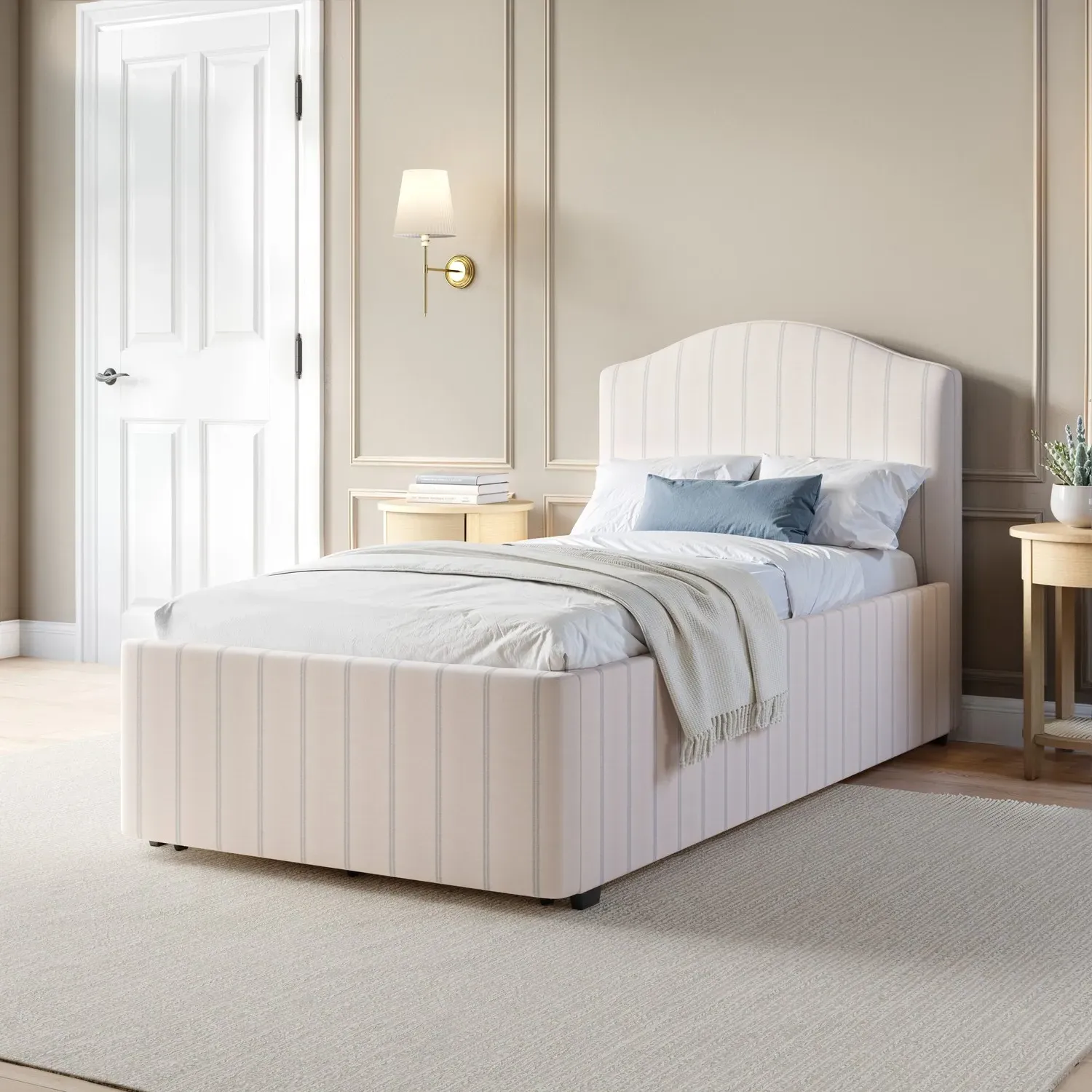 Striped Single Bed Frame with Storage Drawer - Cream, Chenille product