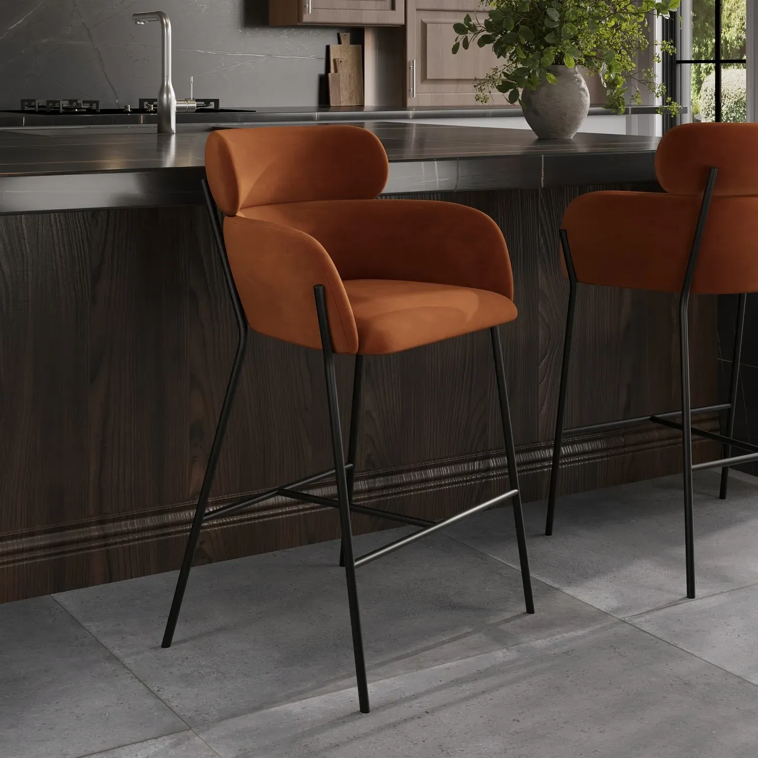 Curved Kitchen Stool with Back - Burnt Orange, Velvet product