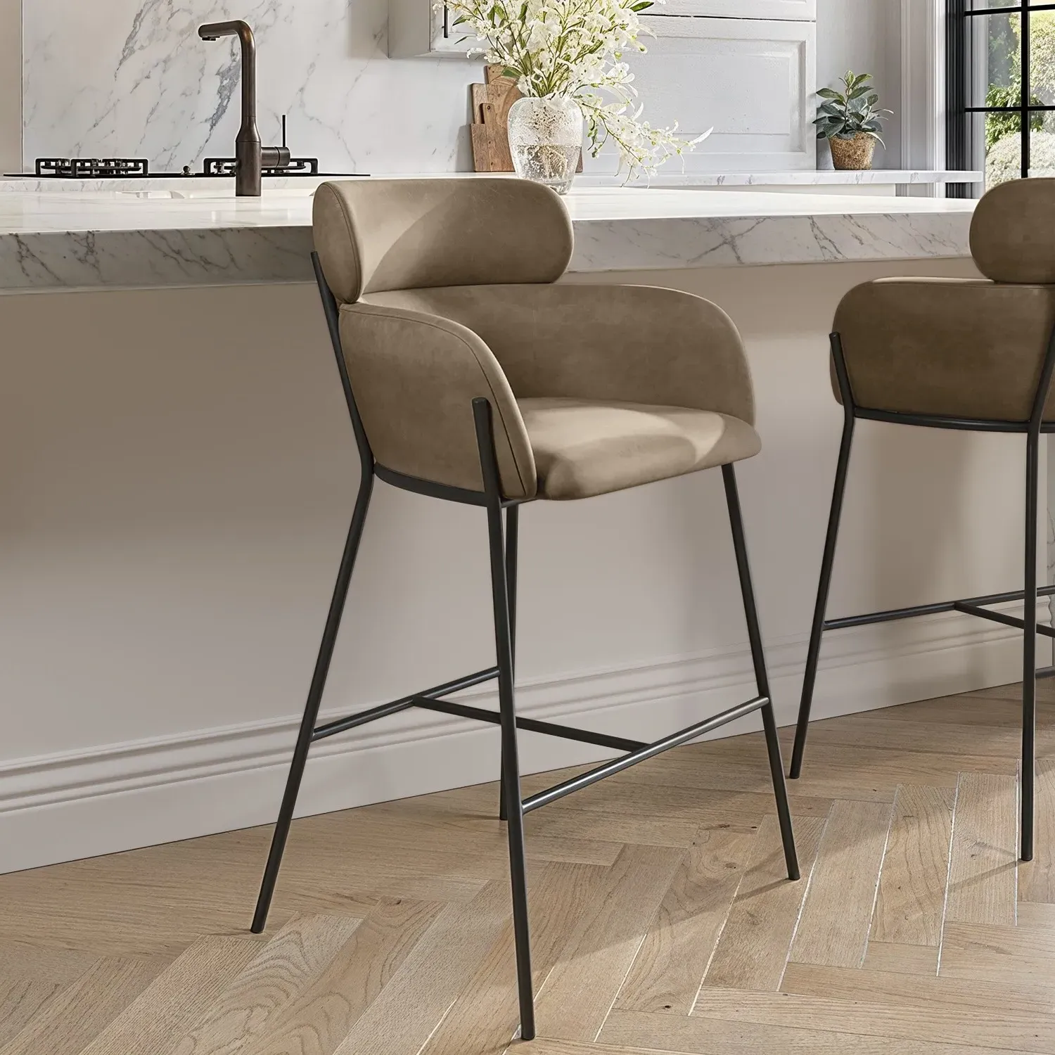 Isla Curved Kitchen Stool with Back - Beige, Faux Leather product
