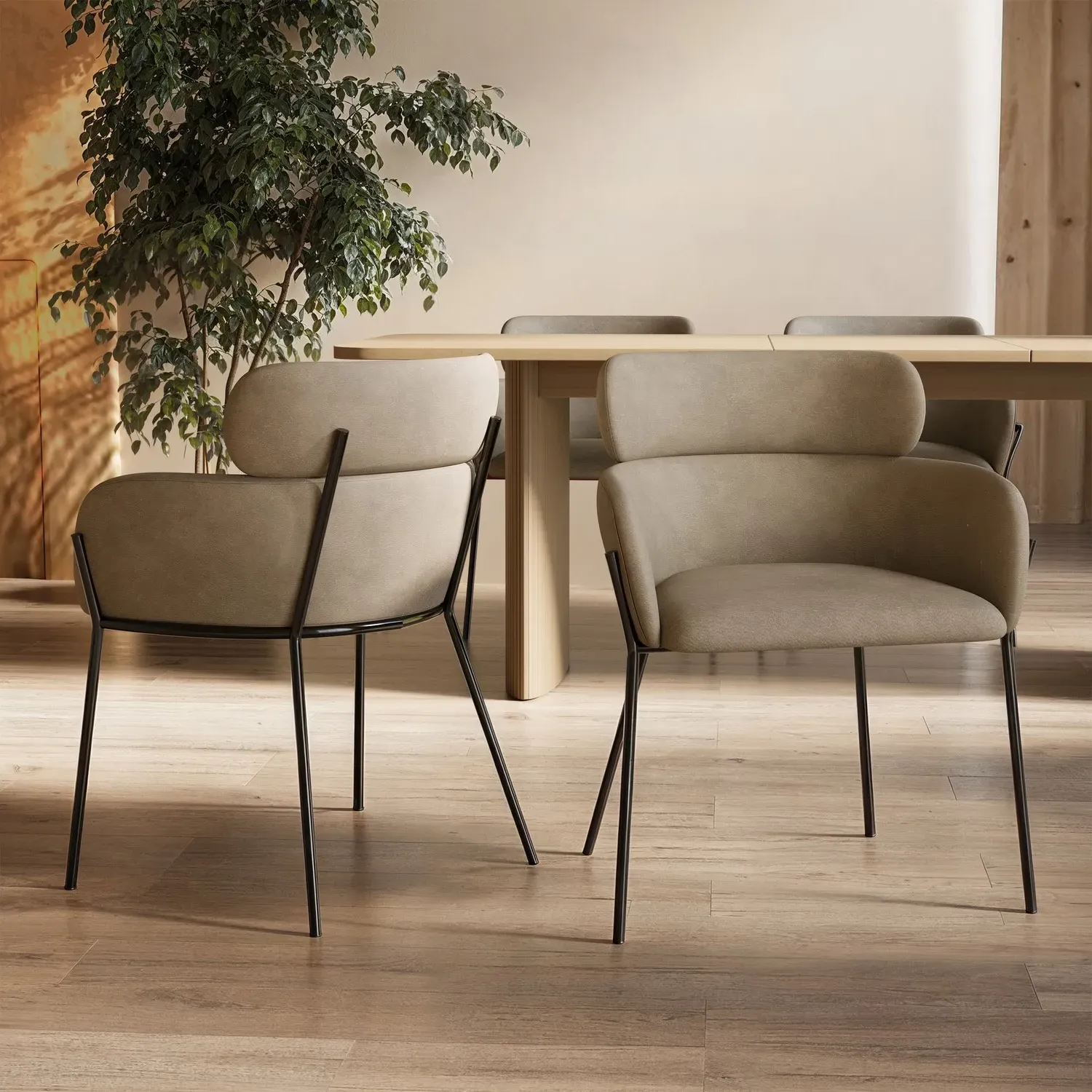 Set of 2 Curved Dining Chairs - Beige, Faux Leather product