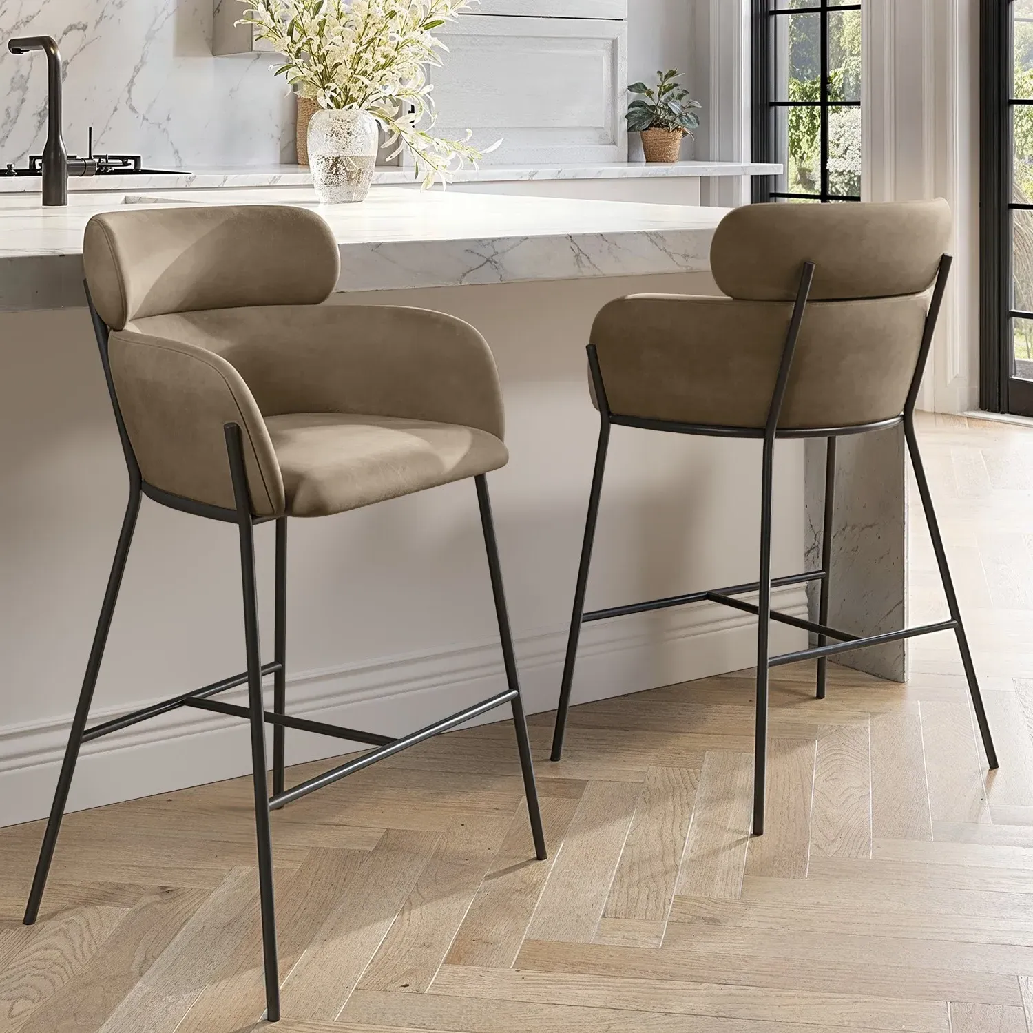 Set of 2 Curved Kitchen Stools with Back - Beige, Faux Leather product