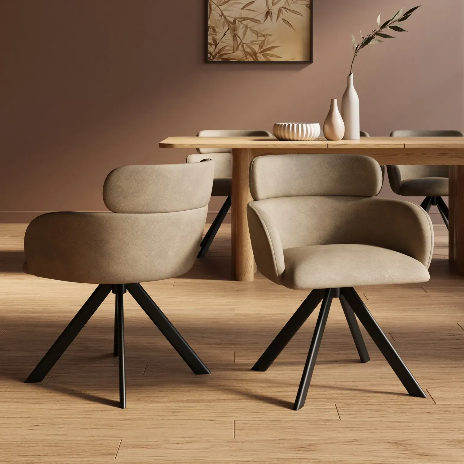 Set of 2 Curved Swivel Dining Chairs - Beige, Faux Leather product