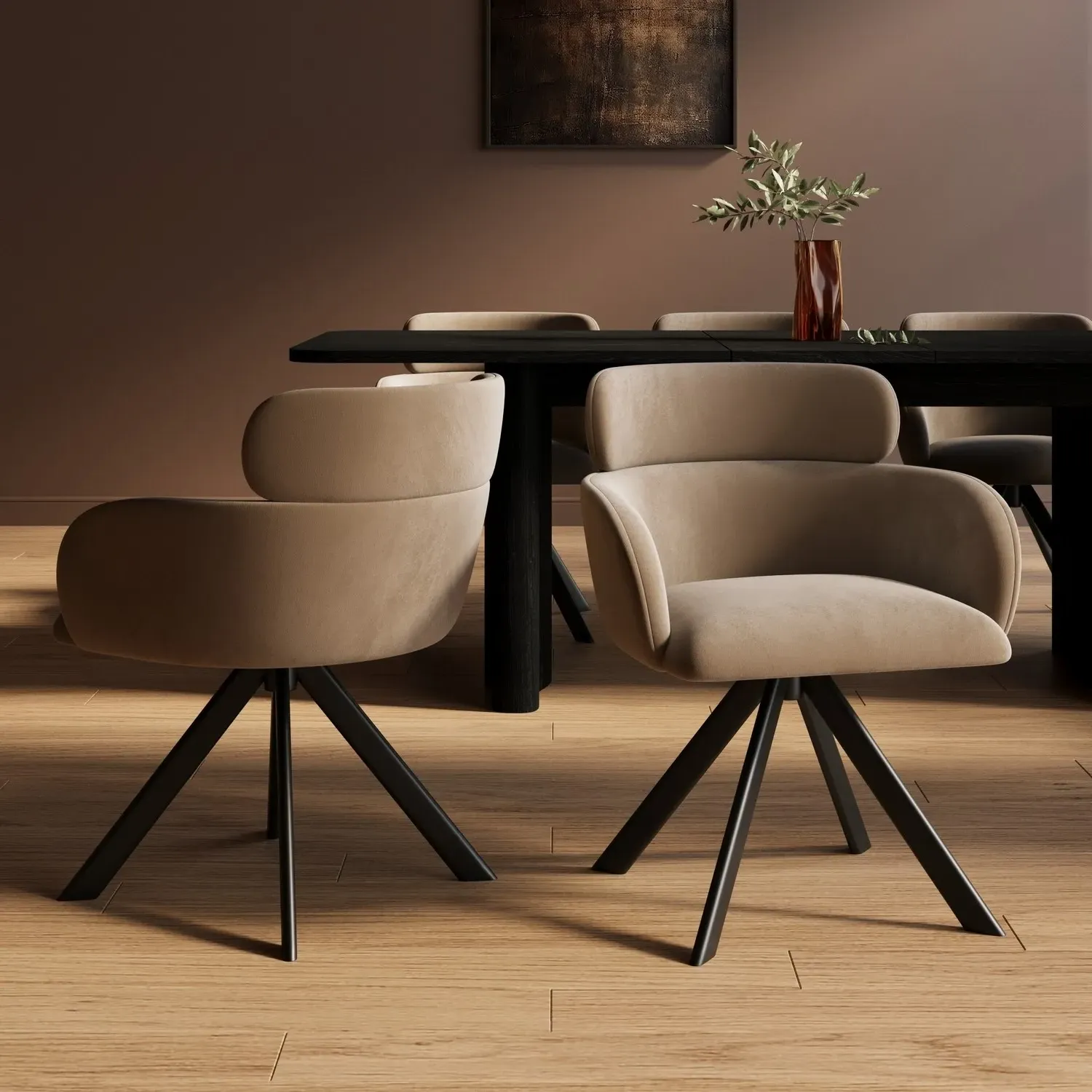 Set of 2 Curved Swivel Dining Chairs - Beige, Velvet product