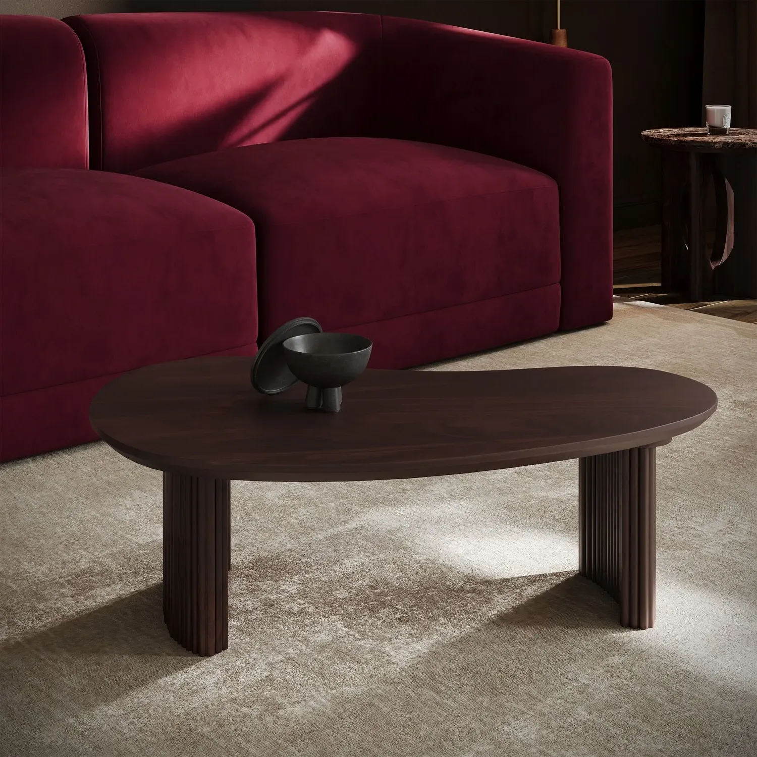 Kidney-Shaped Coffee Table with Ribbed Legs - Brown, Mango Wood product