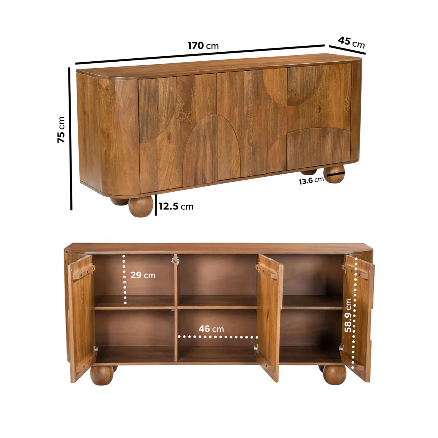 Large Sideboard with Ball Feet - Brown, Solid Mango Wood alternate view