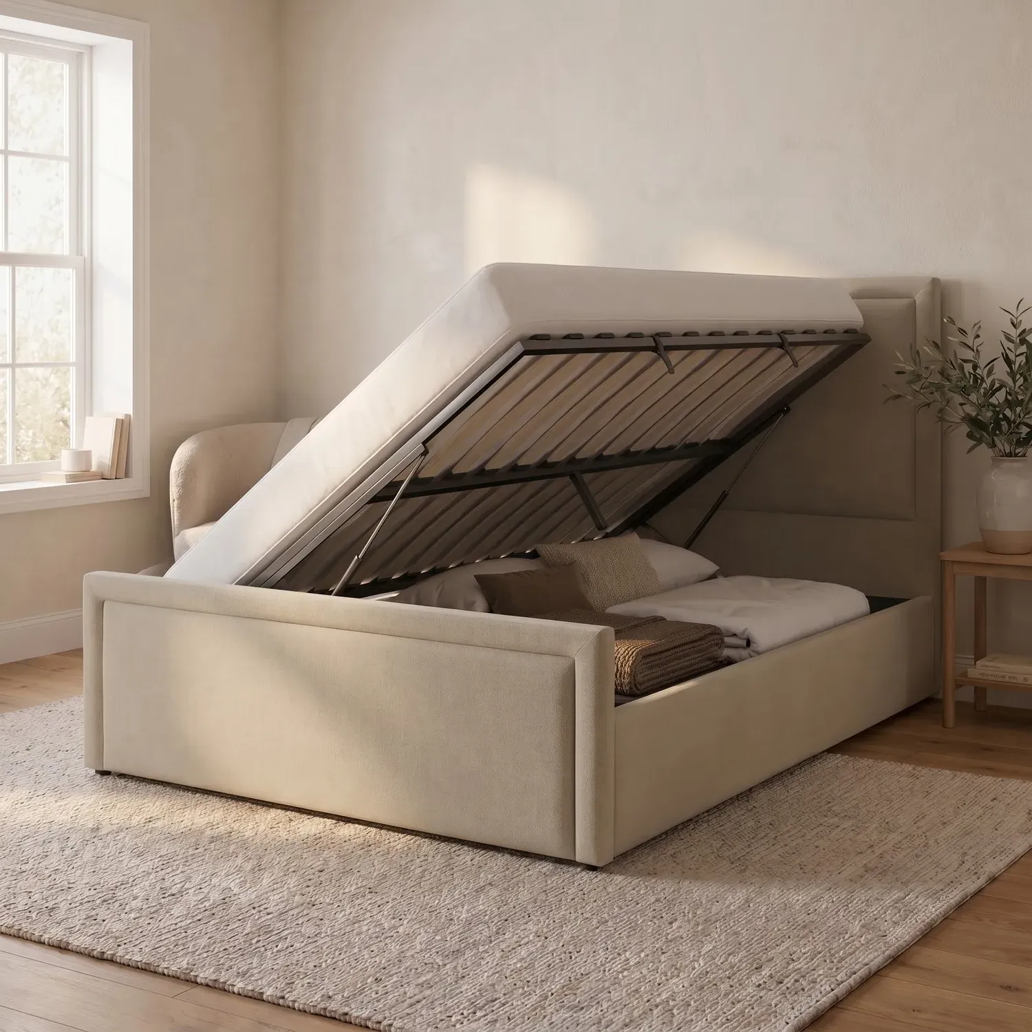 Joan Double Ottoman Bed with Storage - Beige, Chenille alternate view