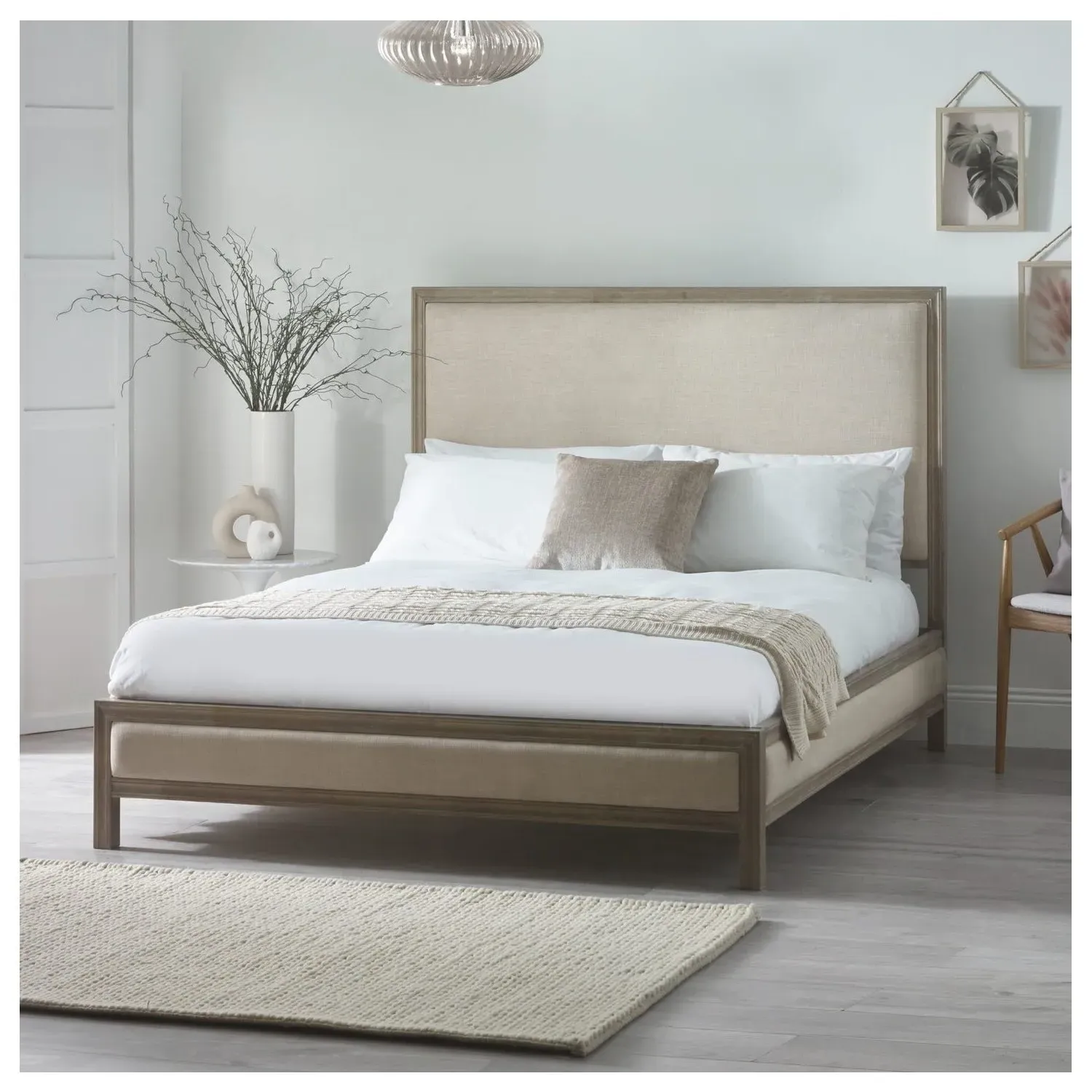Lucie Double Bed Frame with Wooden Border - Ivory, Fabric product