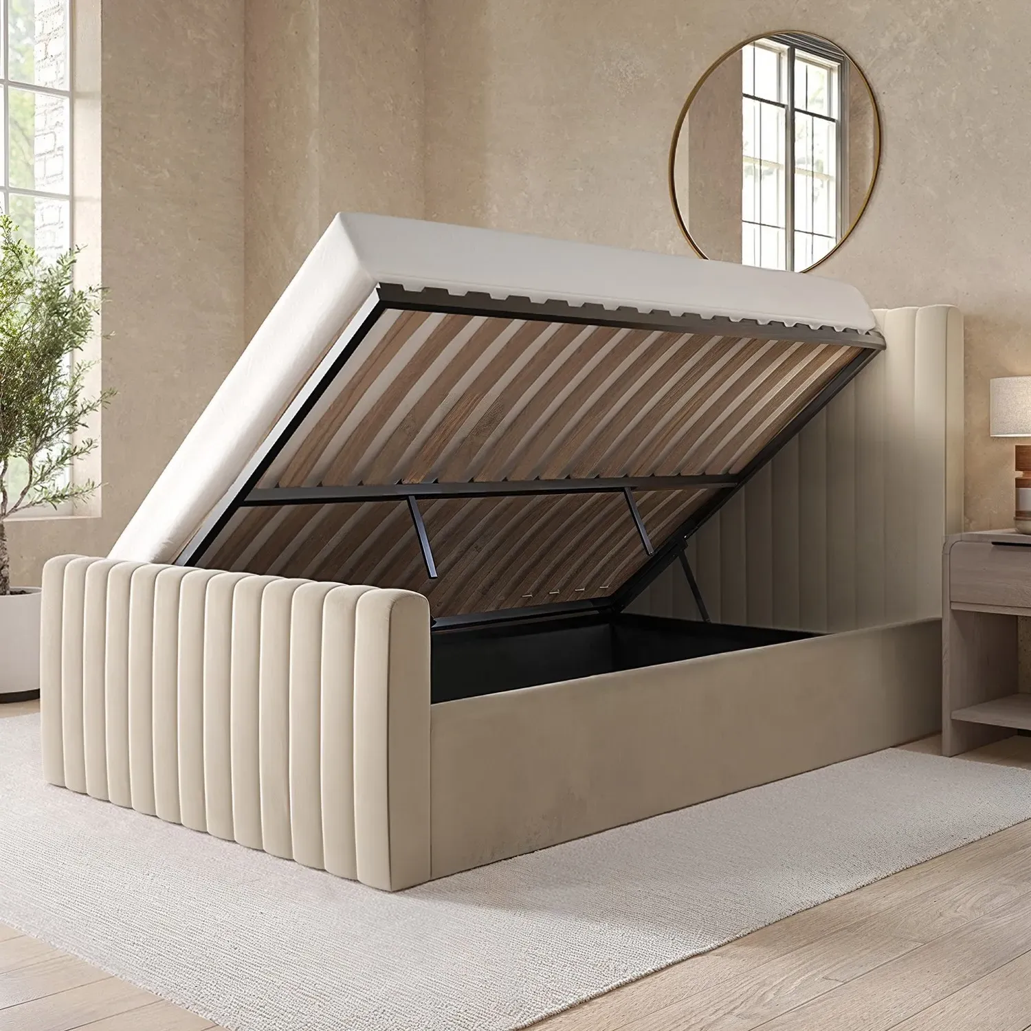 Khloe Small Double Ottoman Bed with Storage - Beige, Velvet alternate view