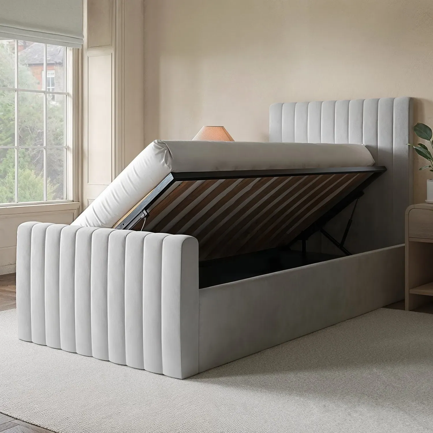 Single Side-Lift Ottoman Bed with Storage - Grey, Velvet alternate view