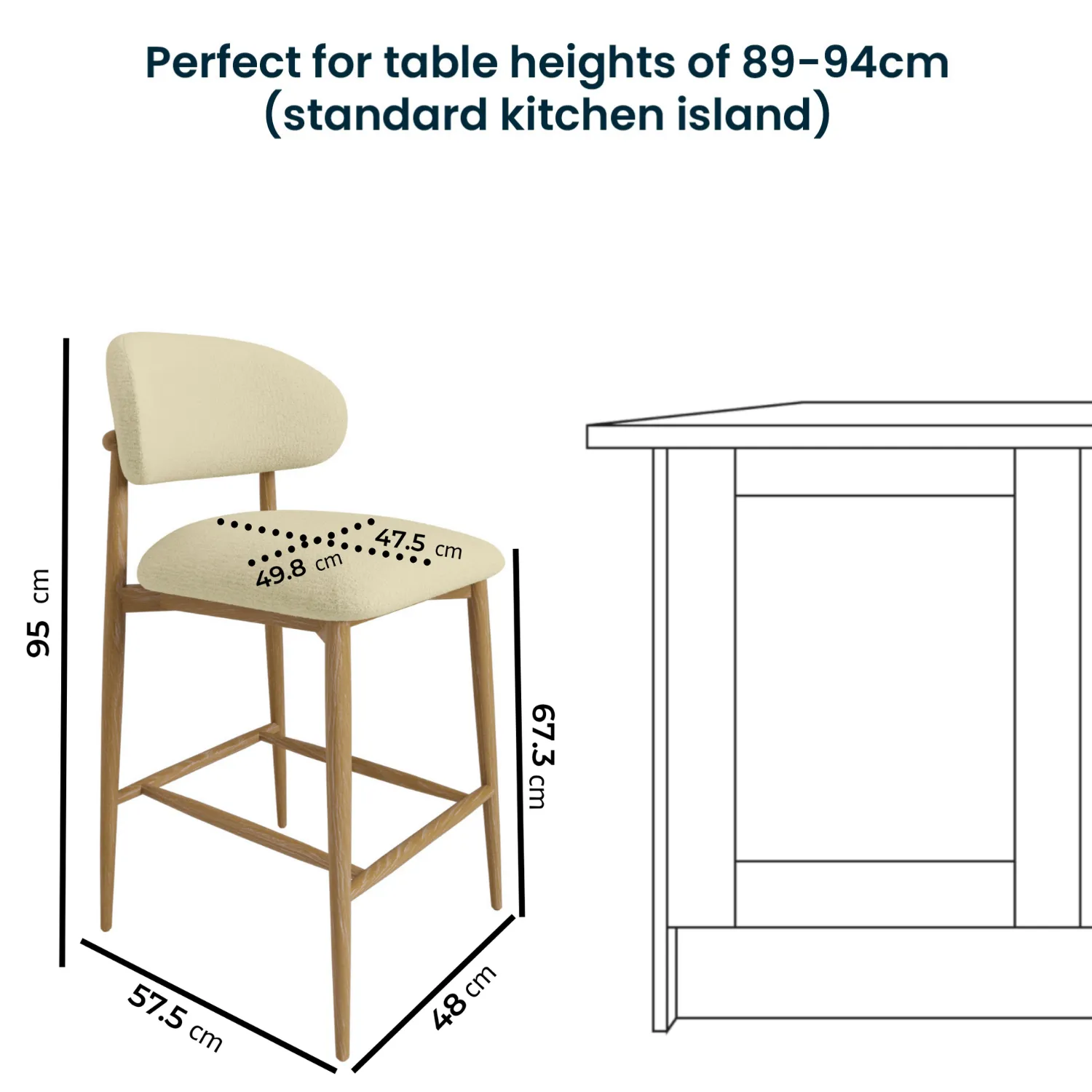 Curved Kitchen Stool with Ash Wood Exposed Back - Cream, Fabric alternate view