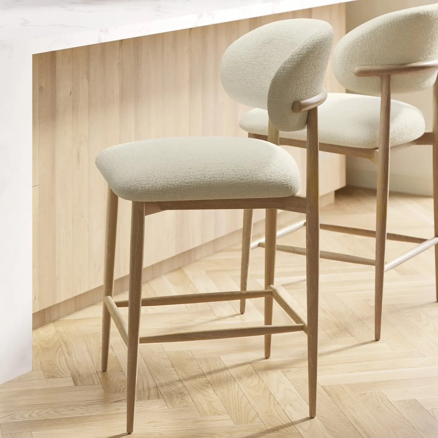 Curved Kitchen Stool with Ash Wood Exposed Back - Cream, Fabric product
