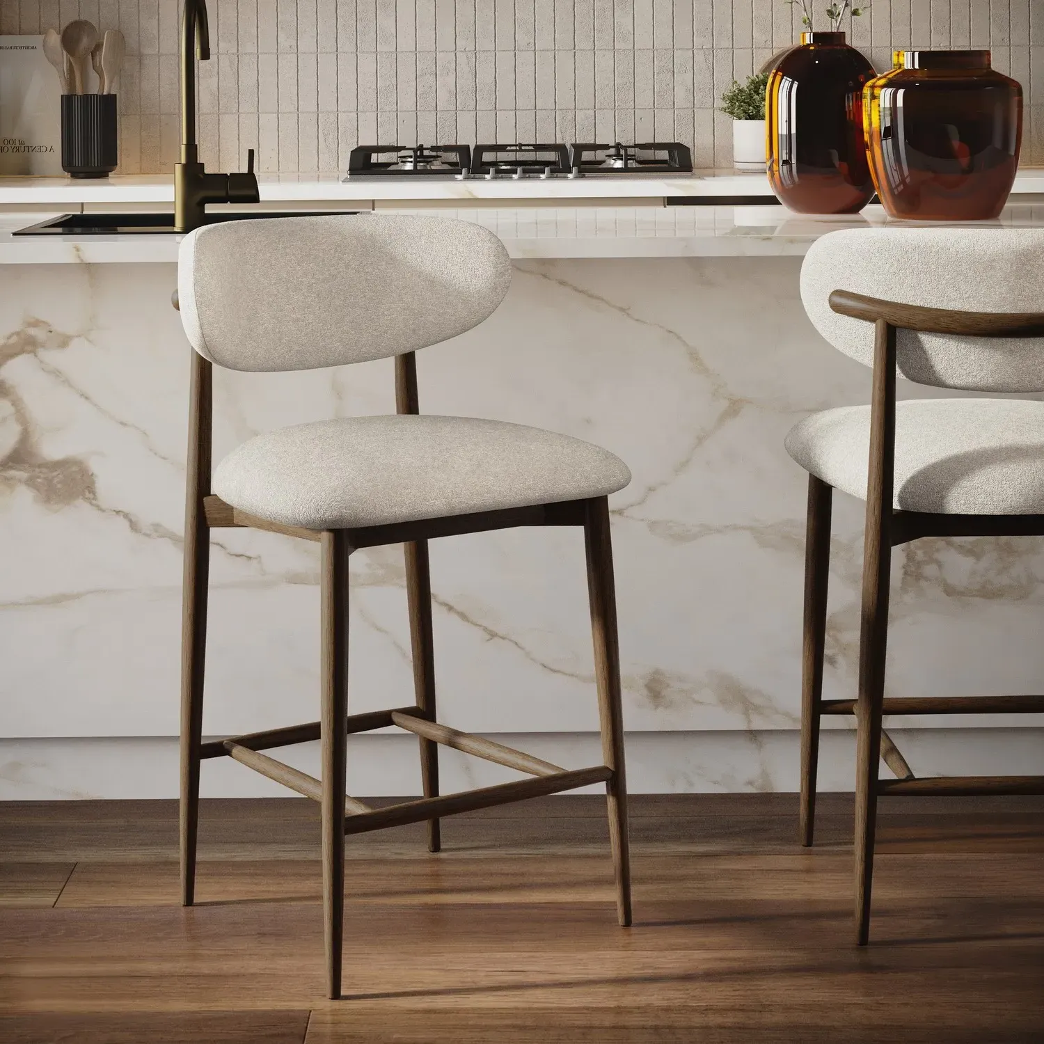 Curved Kitchen Stool with Open Back - Beige, Fabric product