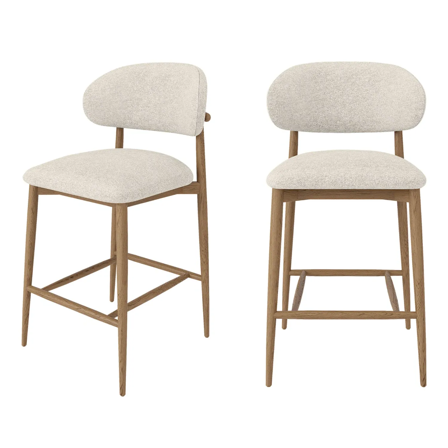 Set of 2 Curved Kitchen Stools with Oak Exposed Back - Beige, Fabric alternate view