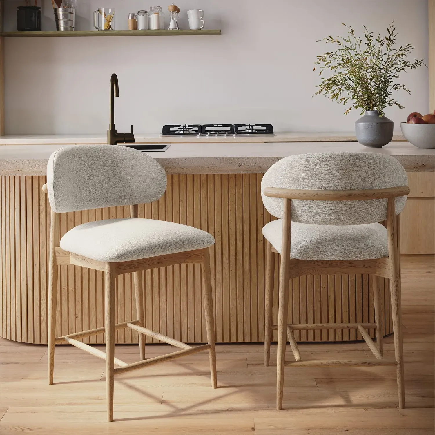 Set of 2 Curved Kitchen Stools with Oak Exposed Back - Beige, Fabric product