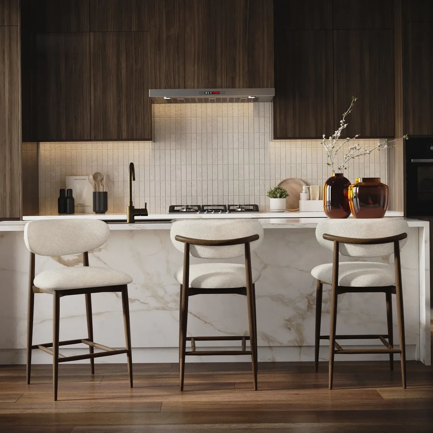 Set of 3 Curved Kitchen Stools with Open Back - Beige, Fabric product