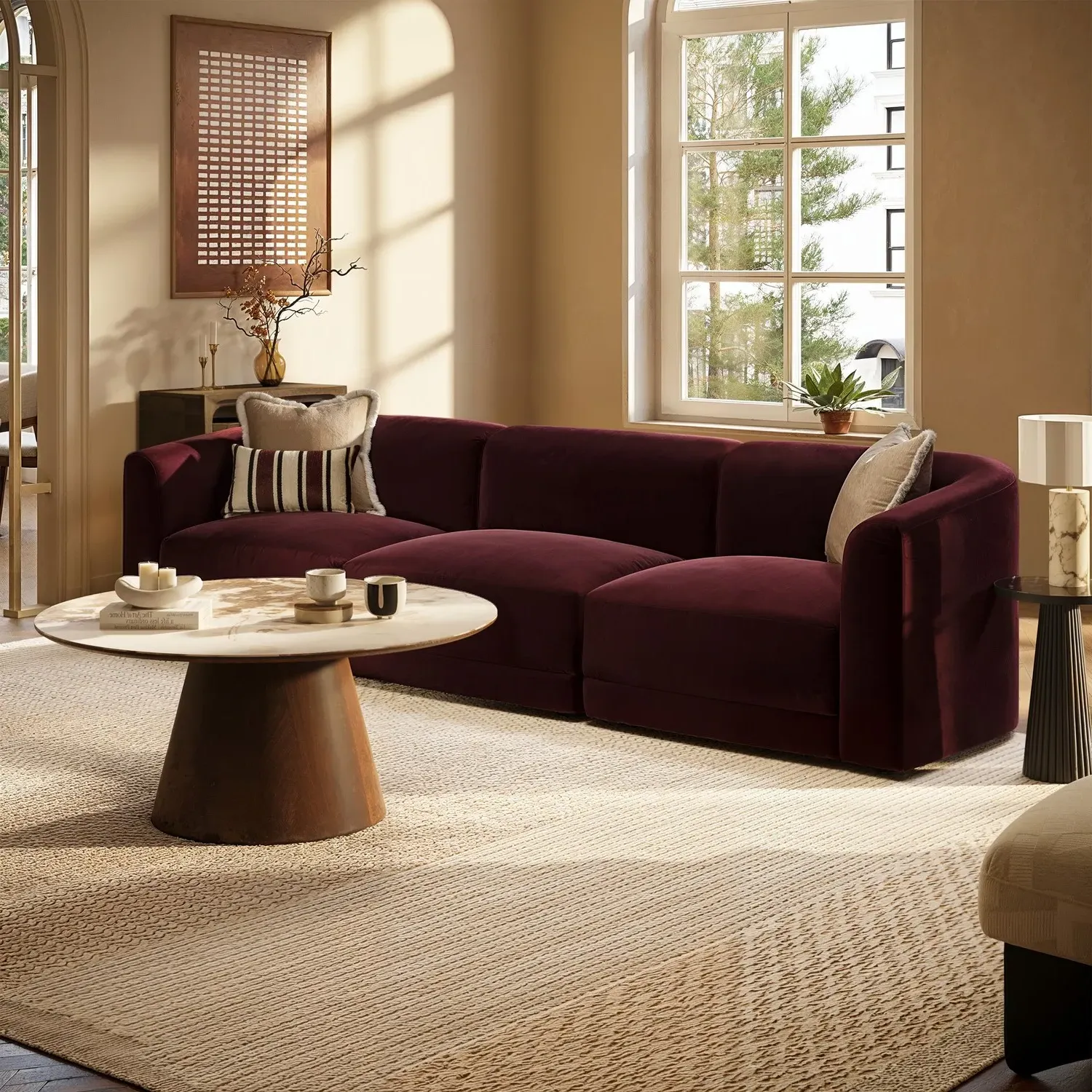 Laine 4-Seater Curved Modular Sofa - Burgundy, Velvet alternate view