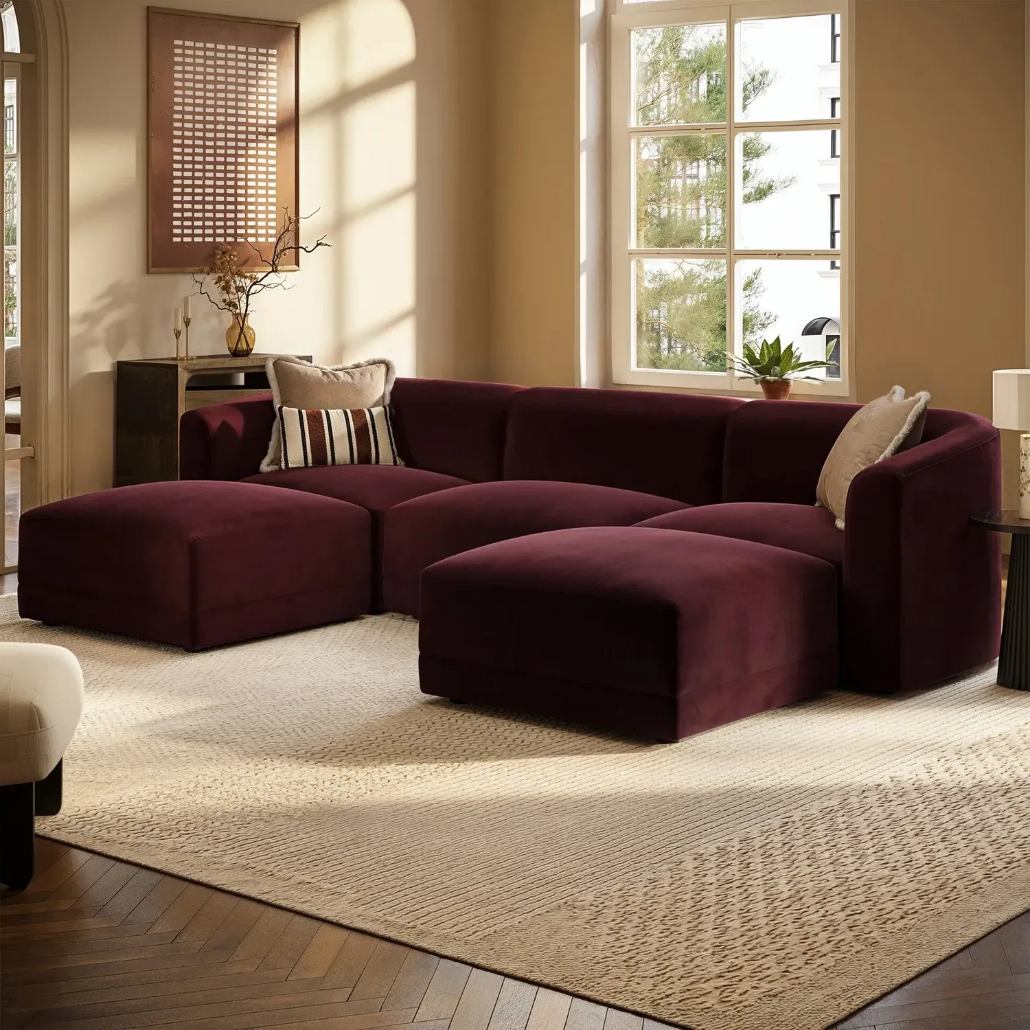 Large U-Shape 4-Seater Modular Chaise Sofa - Burgundy, Velvet alternate view
