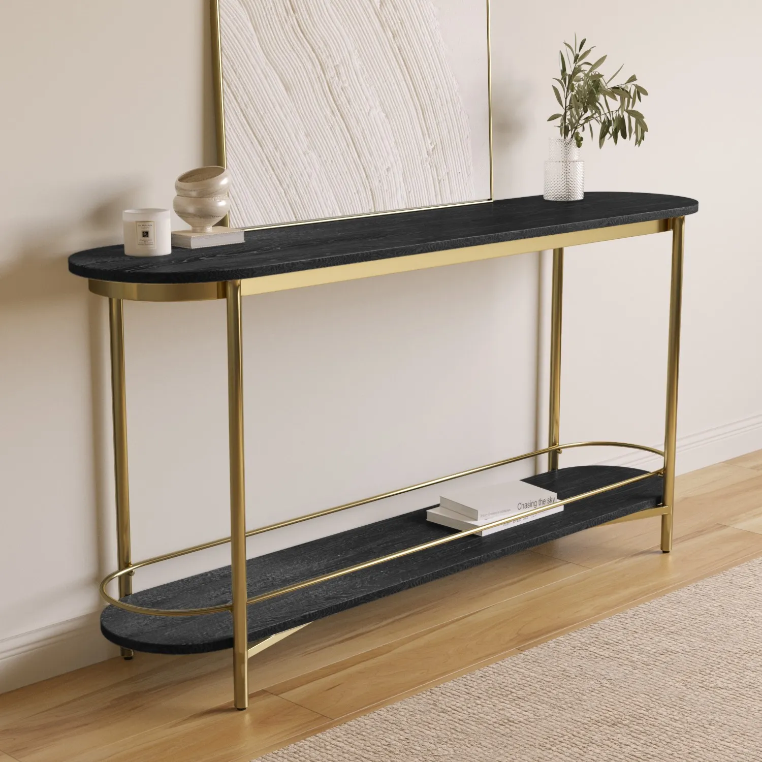 large-black-wood-and-gold-console-table-with-storage-shelf-myla image