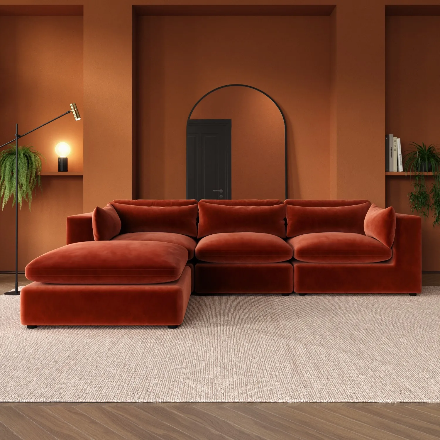 largeburnt-orange-velvet-reversible-4-seatercorner-sofa-hudson image