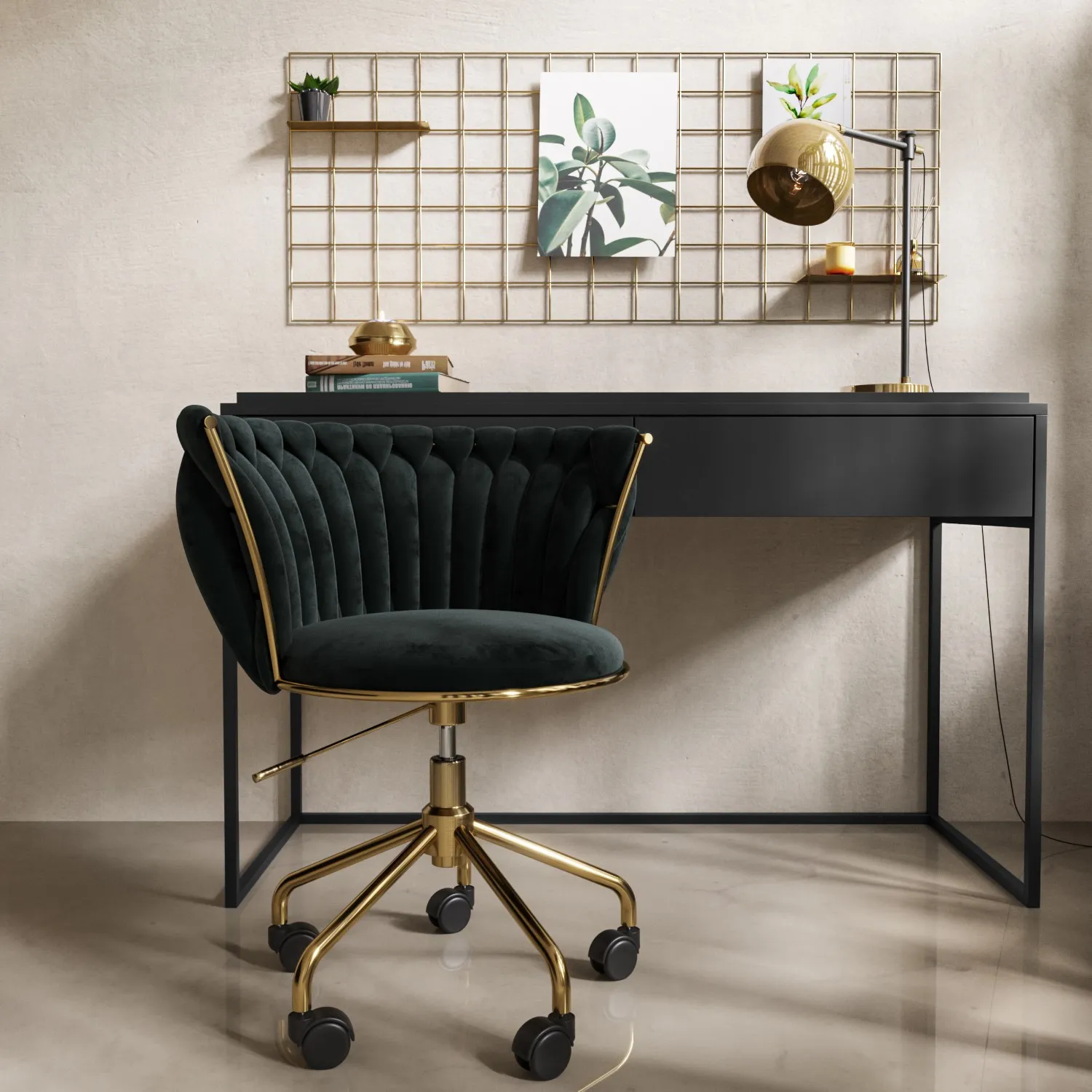 Verity Computer Desk with Drawer & Velvet Office Chair Set - Black product